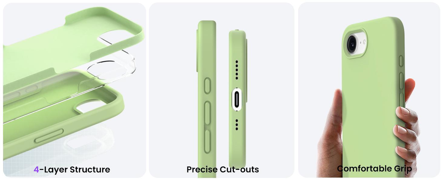 ORNARTO Compatible with iPhone 17e Case and for iPhone 16e Case 6.1", Liquid Silicone 3 Layers Full Covered Soft Gel Rubber Shockproof Cover, Protective Phone Cases for 16e & 17e-Matcha