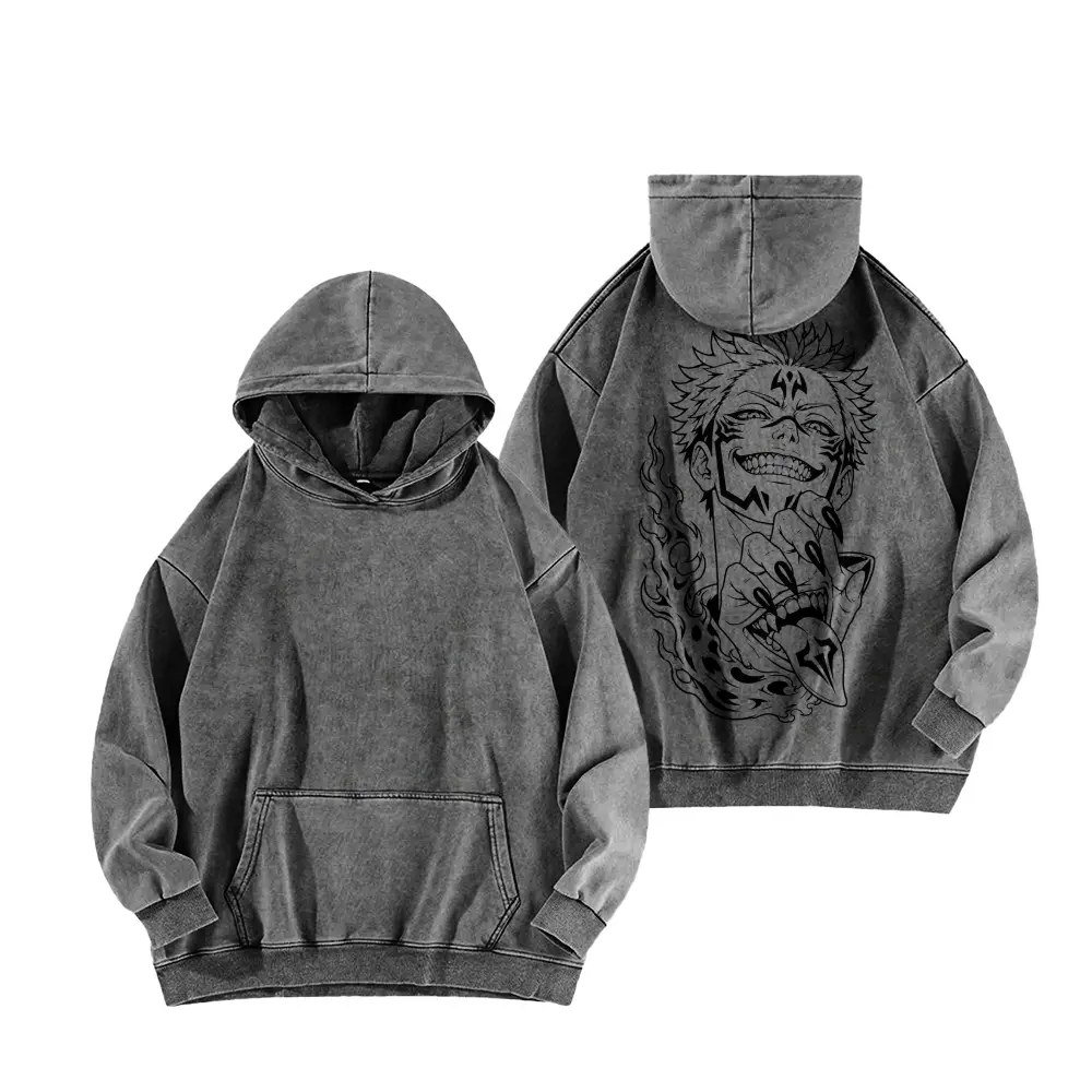 Unisex Vintage Washed Pullover Hoodie, Japanese Dark Demon‑Style Anime Character Front & Back Double‑Sided Graphic Hooded Sweatshirt, Oversized Retro Streetwear Fleece Top with Kangaroo Pocket, Multiple Colors Available