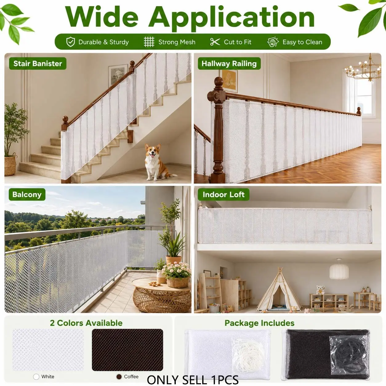 Multi-Purpose Pet Safety Net for Balcony, Stairs and Hallway Railings, Strong Breathable Mesh Guard with Reinforced Edges, Easy-to-Install Home Protection Net for Cats, Kittens, Kitty, Dogs and Supplies