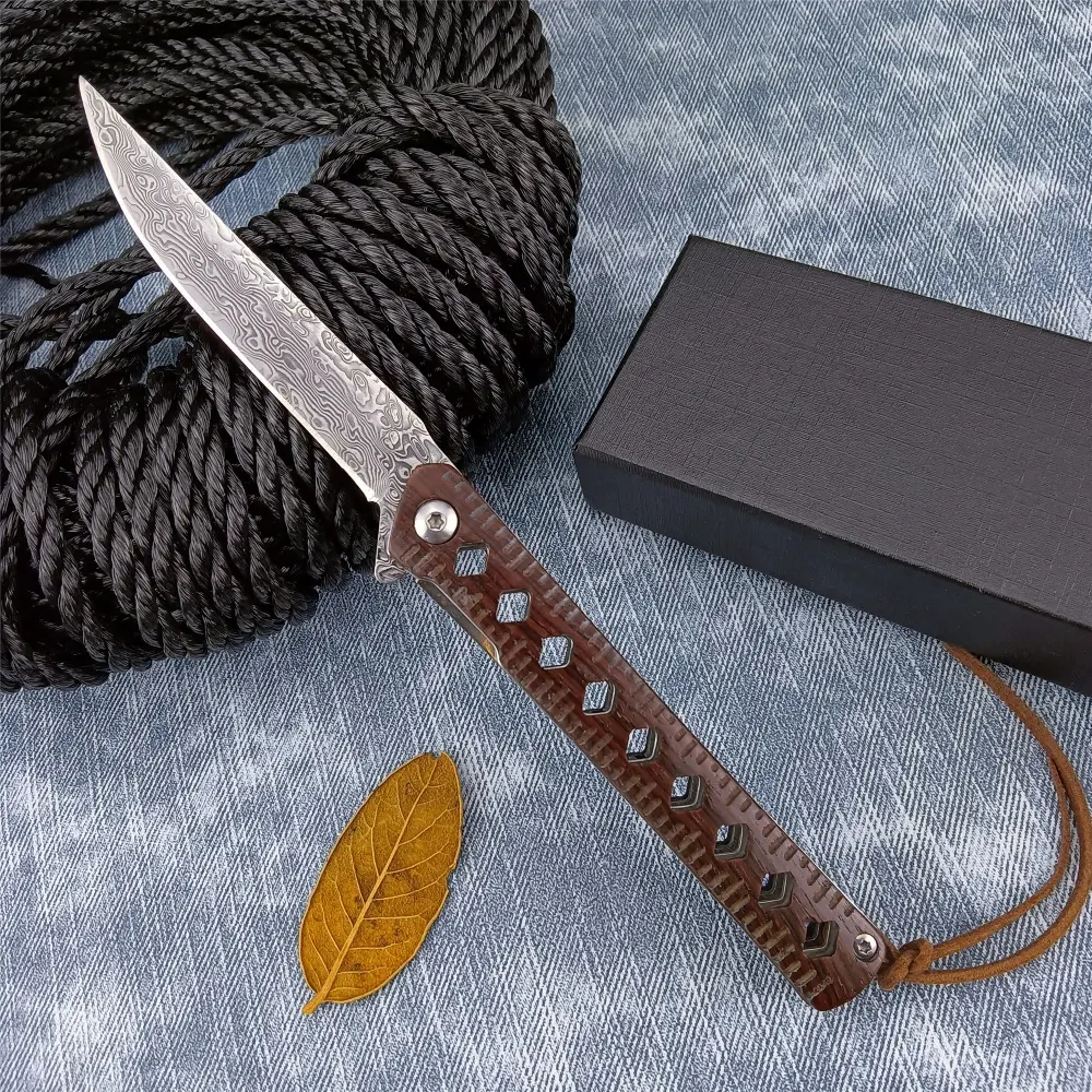 High-Quality Pocket Folding Knife Damascus Steel, Ebony Handle—Multifunctional Outdoor Knife, Camping, EDC, Survival Tool, Gift, Collectible
