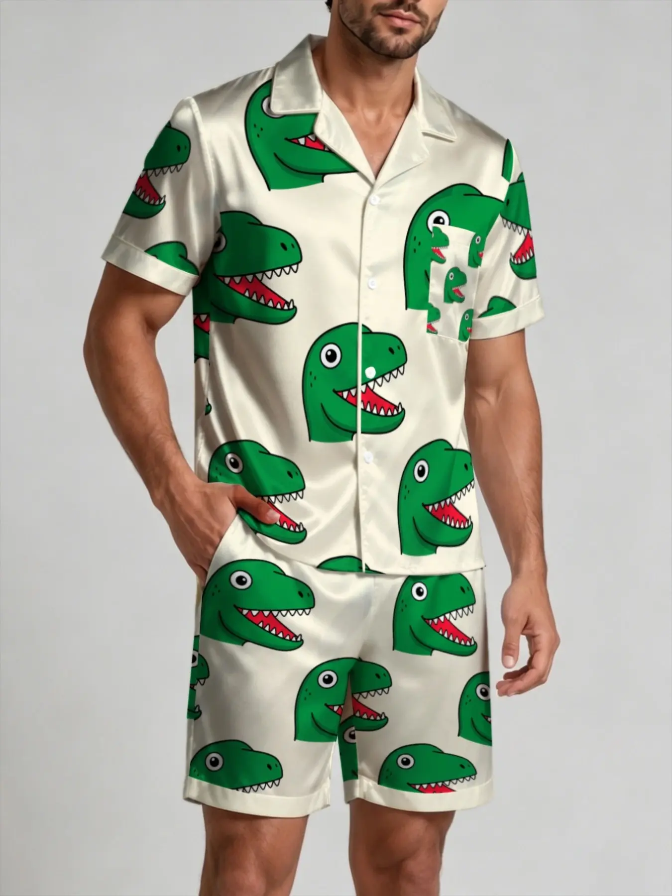 Men Cartoon Dinosaur Print Pajama Set, Short Sleeve Button‑Down Top And Matching Shorts, Fun Casual Soft Loungewear Sleepwear For Daily Home Wear.