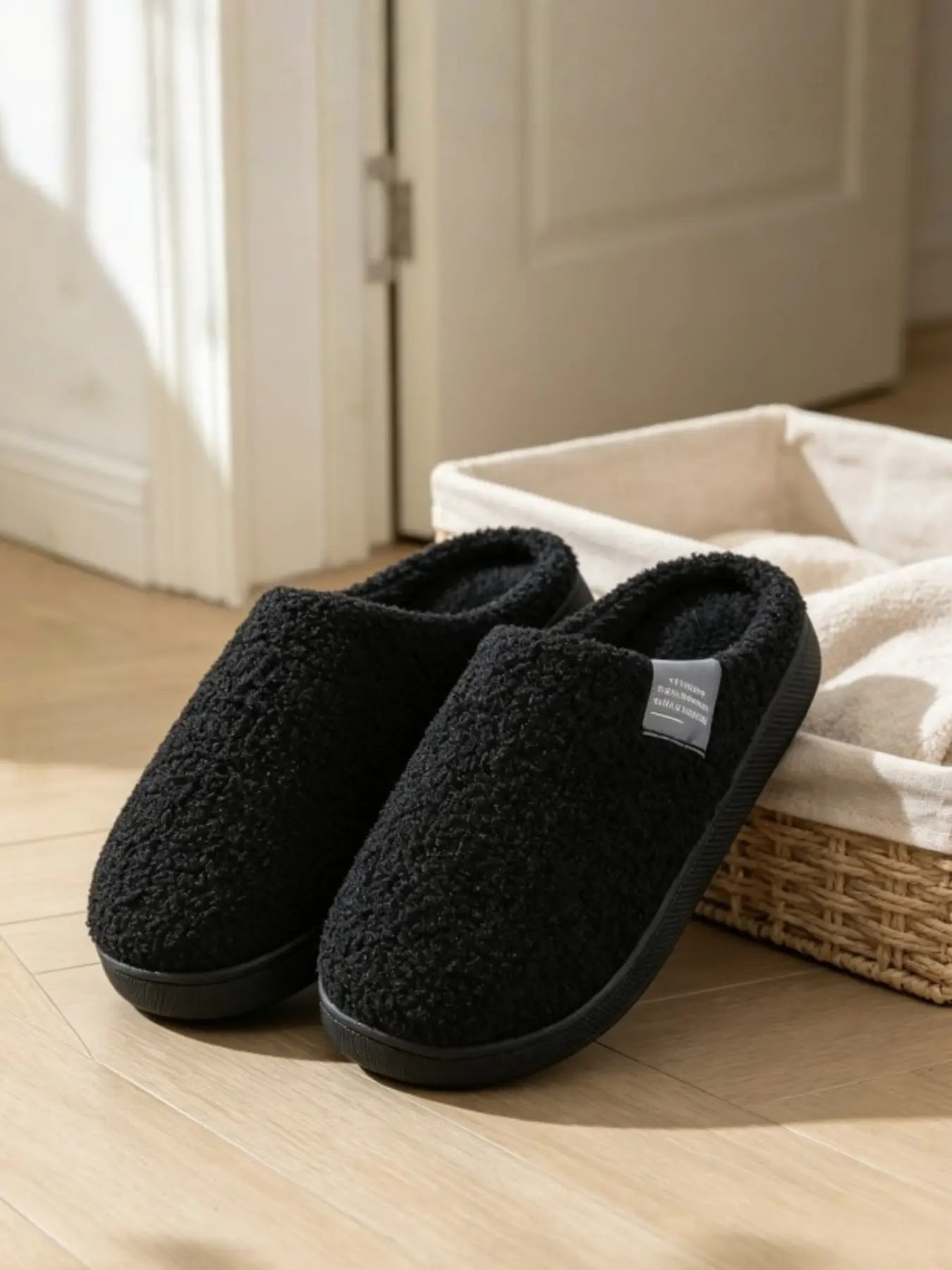 Men's Simple Solid Color Plush Slip-On Shoes, Thick High-Quality Teddy Fur, Soft Non Slip, Durable Anti-Slip Sole, Soft Inner Lining, Quiet Walk, All-Season Indoor Shoe, Casual Home Slippers