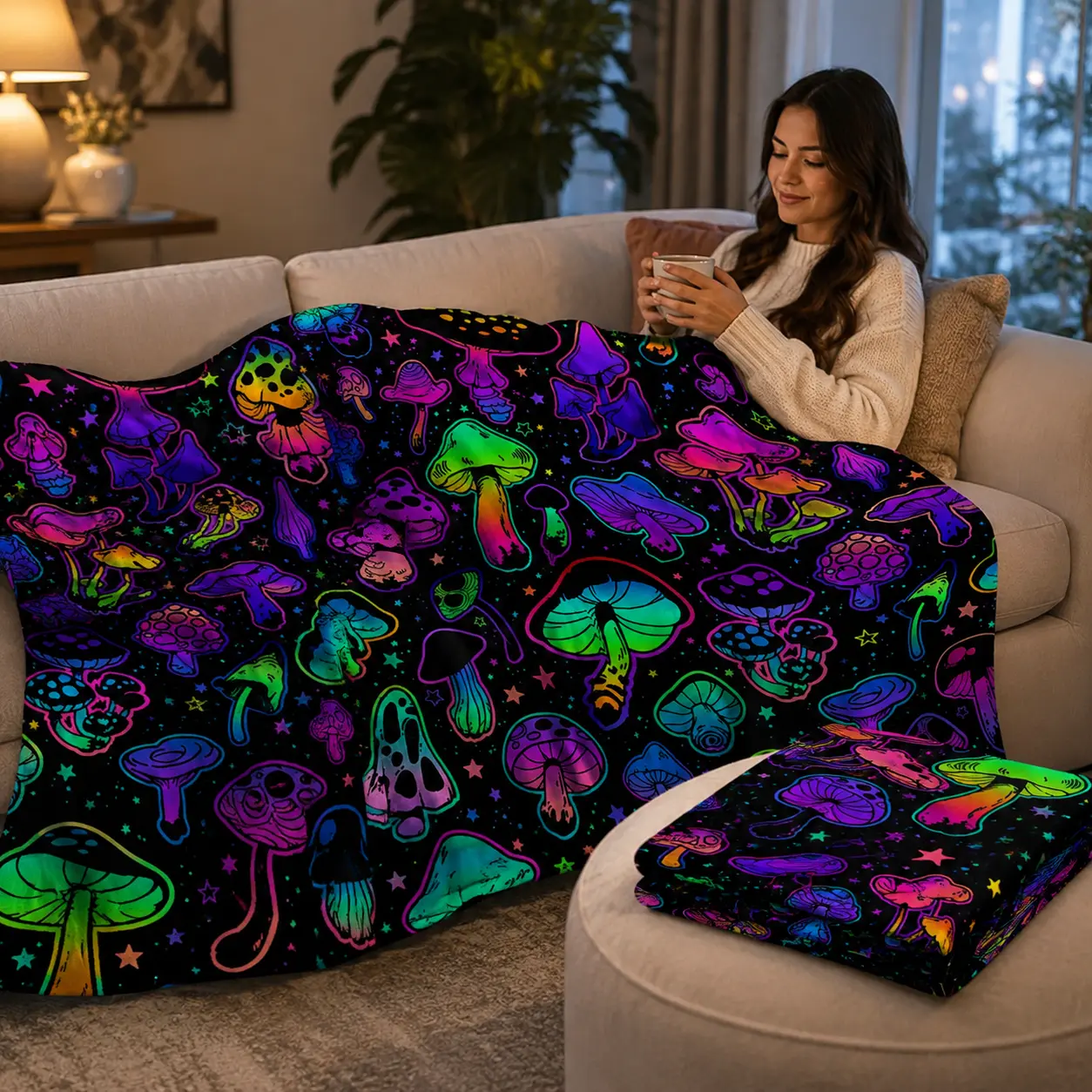 Neon Mushroom Throw Blanket, Soft Plush Fleece Blanket for Couch Bed Sofa, Colorful Galaxy Mushroom Print Cozy Blanket, Warm Lightweight All Season Home Decor for Bedroom Living Room Dorm, Gift for Women Men Teens, 40x30 50x40 60x50 80x60 in