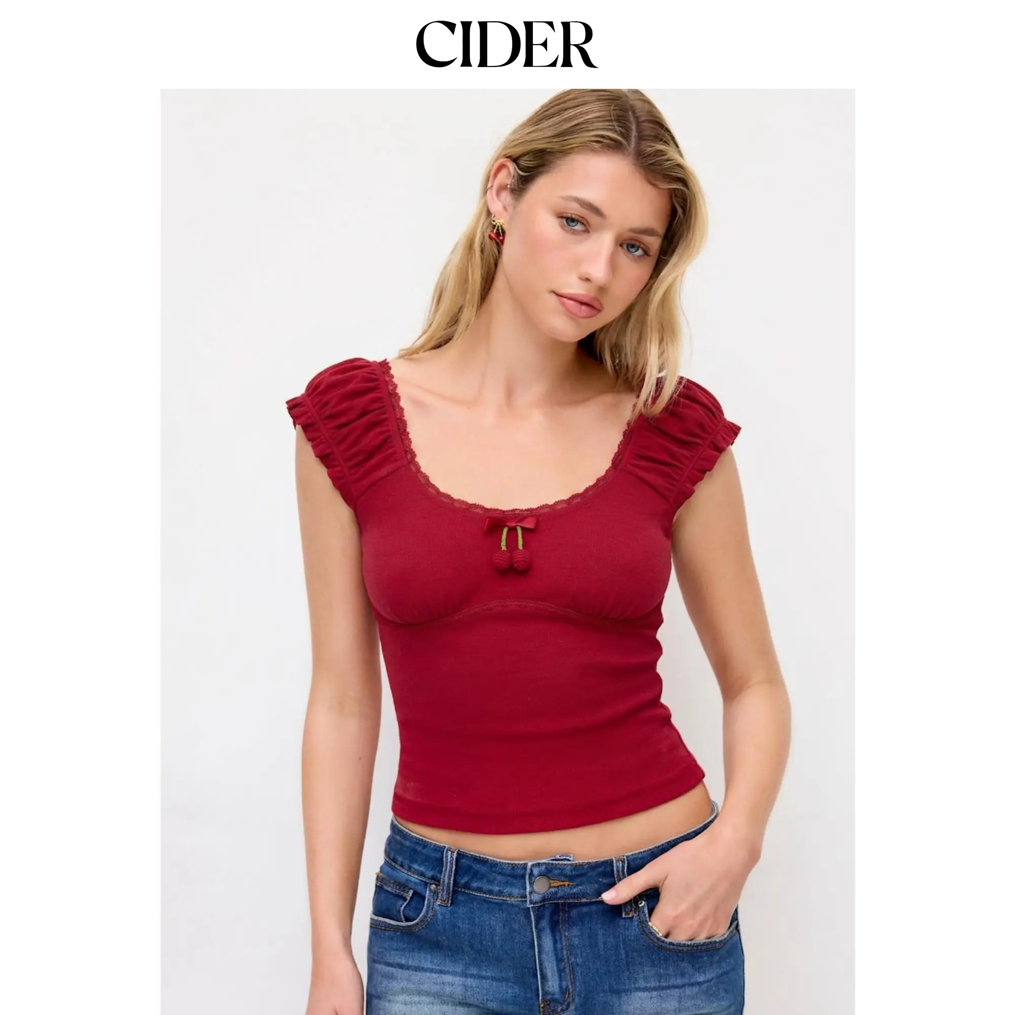 Cider Cotton-blend Ruffled Short Sleeve Cherry Applique Tee