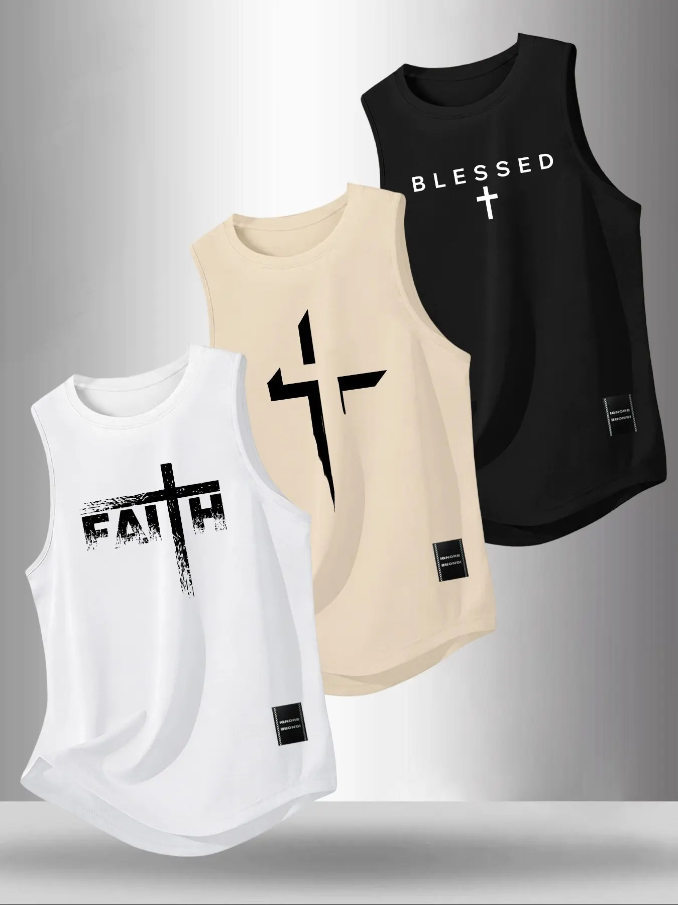 Men crew neck sleeveless tank tops with cross faith graphic print, breathable loose athletic vest for gym workouts, running training, streetwear and daily casual outfits #CrossTankTop #FaithGraphicVest #AthleticSleeveless #StreetwearTank