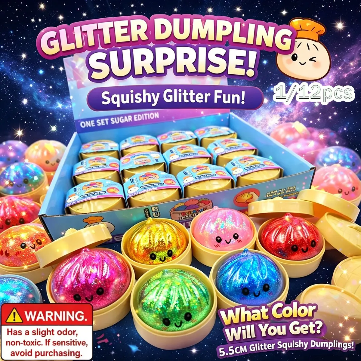 1/12pcs-Colorful Glitter Squishy Fun Steamed Bun Squeeze Toys, Stretchable Dumpling Stress Relief Balls with Mini Steamer, Cute Sensory Fidgets for Kids Adults, Ideal Desk Toys & Birthday Presents