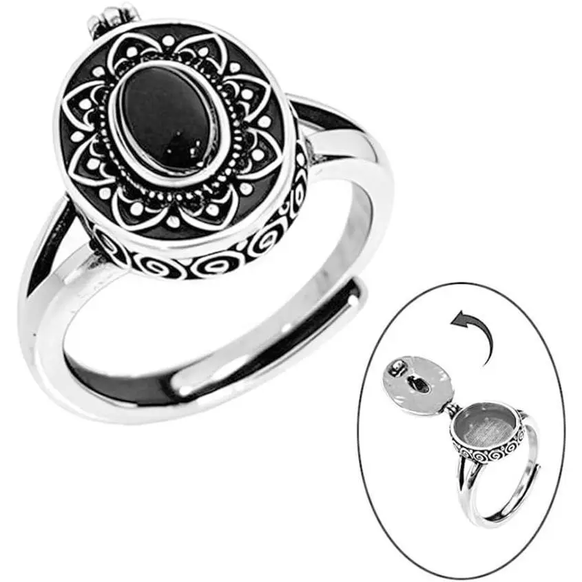 Vintage Faux Onyx Locket Poison Ring for Women Lotus Carved Openable Adjustable Finger Ring with Hidden Compartment for Ashes Essential Oils Gothic Retro Open Band Boho Statement Jewelry