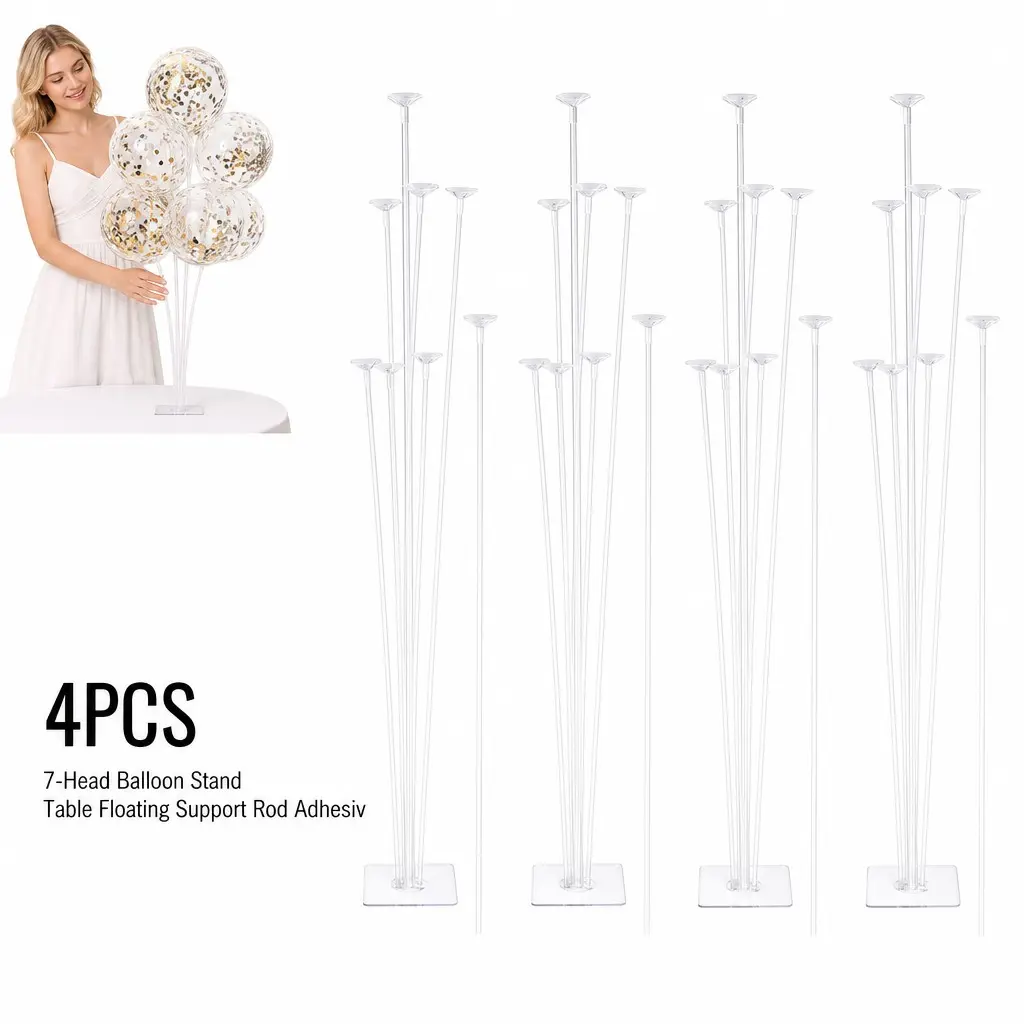 Party Balloon Stand Set, 4 Pieces 7-Head Balloon Holder, Adhesive Table Balloon Support, Birthday Wedding Halloween Christmas Valentine Decorations