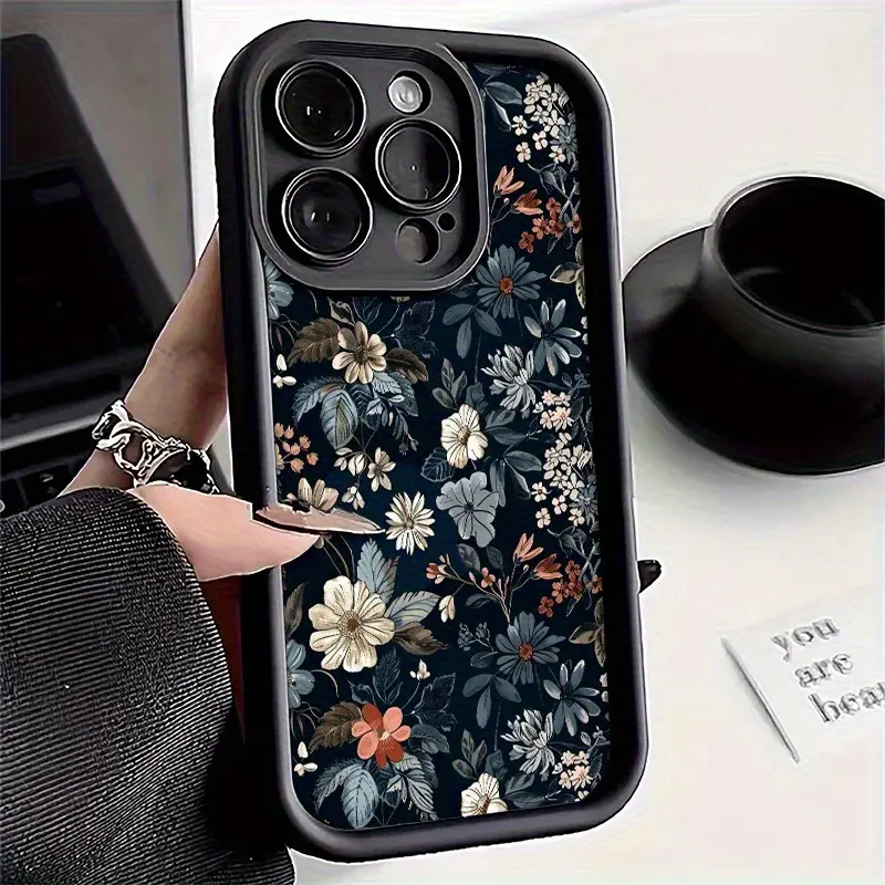 Dark Botanical Floral Smartphone Case - Vintage Navy Wildflower Garden Aesthetic, TPU Material, Shockproof Edge Multi-Model Accessory for iPhone 17,16,15,14,13,12,11,X Plus Pro Max, Gift for Women Flower Lovers, Accessories, Iphone 15