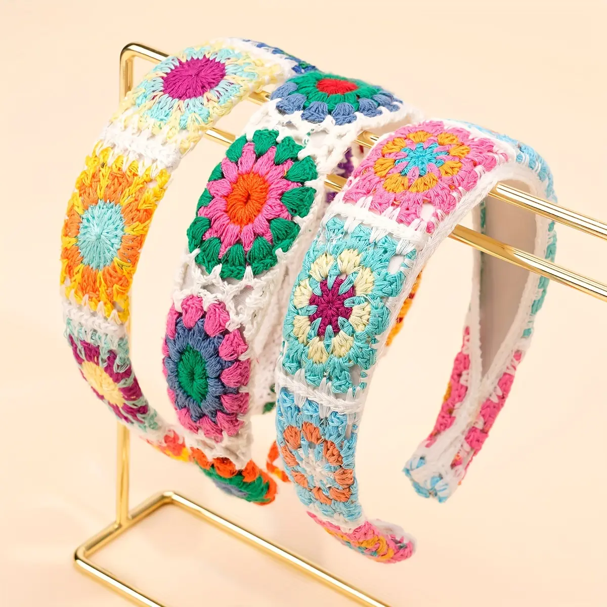 1pc Bohemian Knitted Granny Square Flower Headband