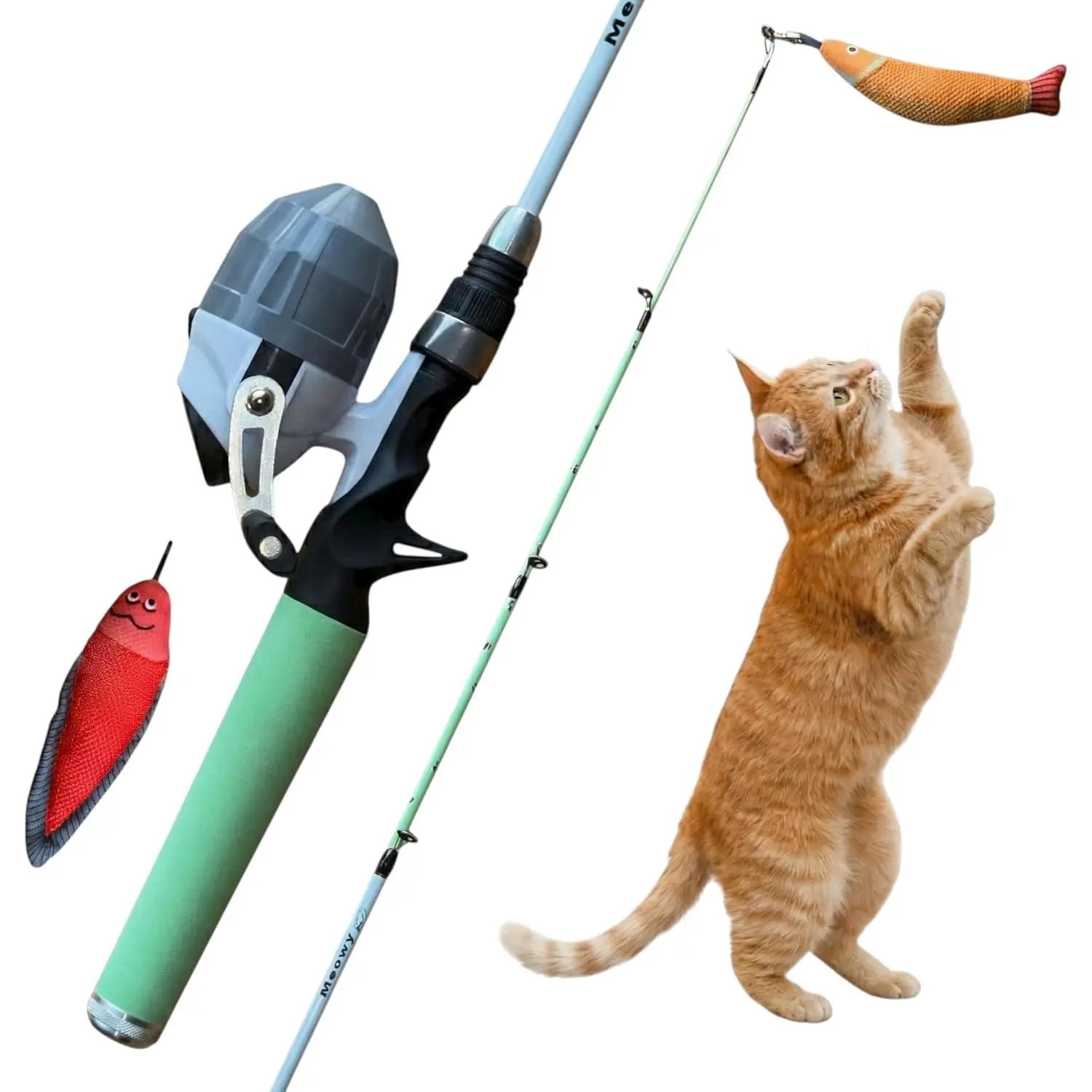 Cat Wand Toy – Cat Fishing Pole Toy with Reel The Cat Fish Fishing Rod, Telescopic Fiberglass Interactive Teaser Wand for Indoor Cats with Catnip Dental Mesh Attachments