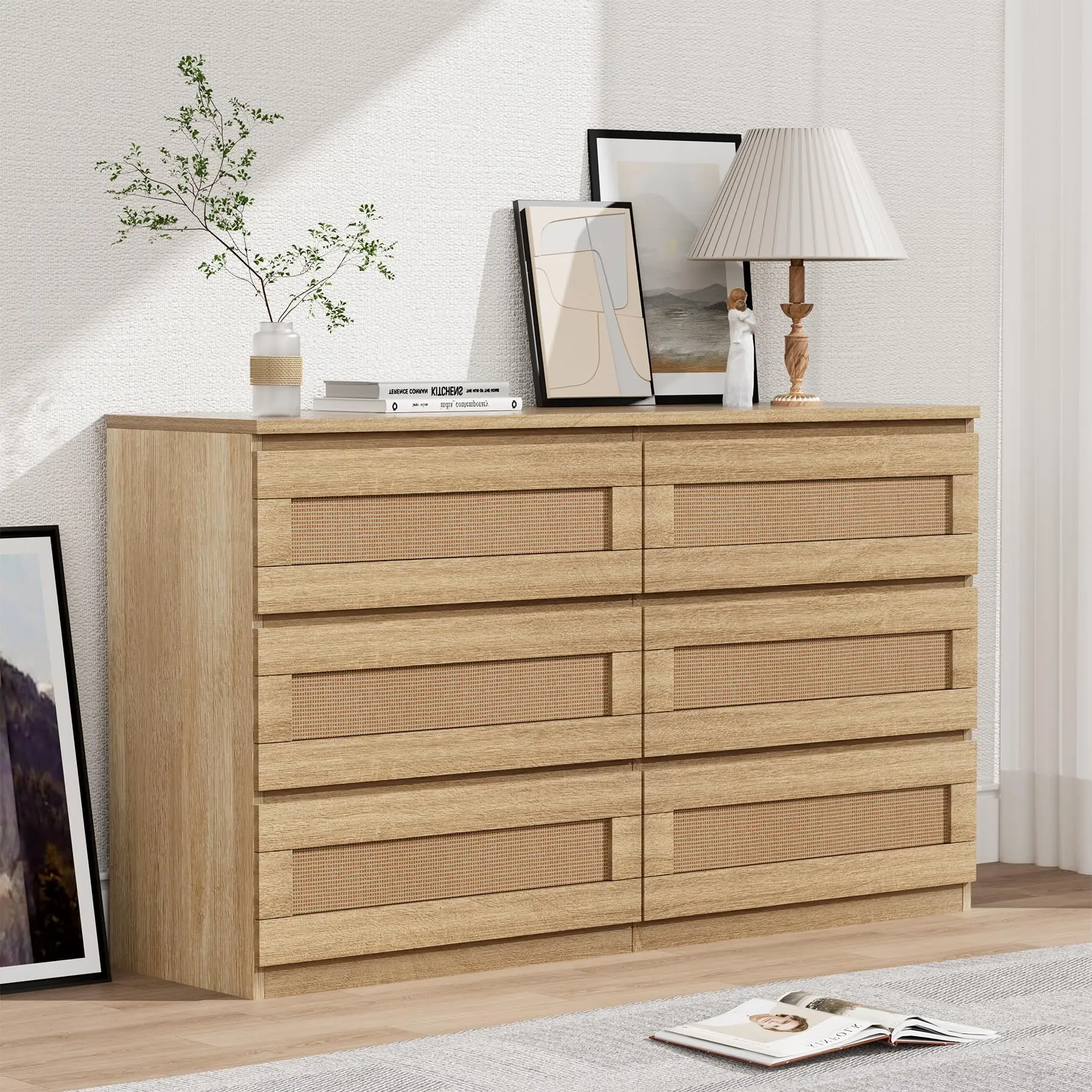 GARVEERattan Dresser, 6 Drawer, Modern Wide Chest, Anti-Tip Kit, Smooth Slide Rail, MDF Wood, Bedroom, Hallway, Living Room