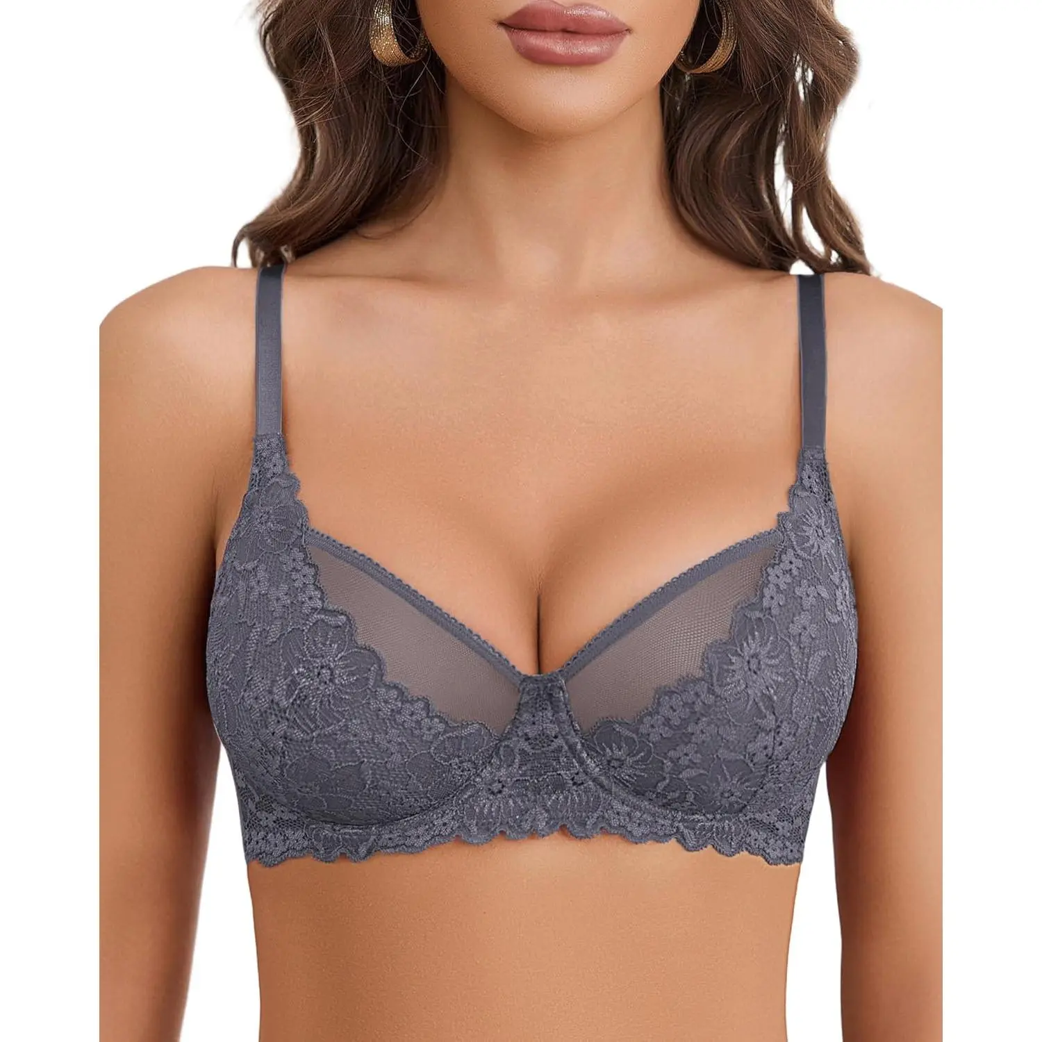 Women's Sexy Lacy Mesh Bra, Unlined Full Coverage Bralette with Underwire Support for Everyday Wear, Basic Everyday Bra, Wired, No Padding, Lingerie, Breathable Bralette