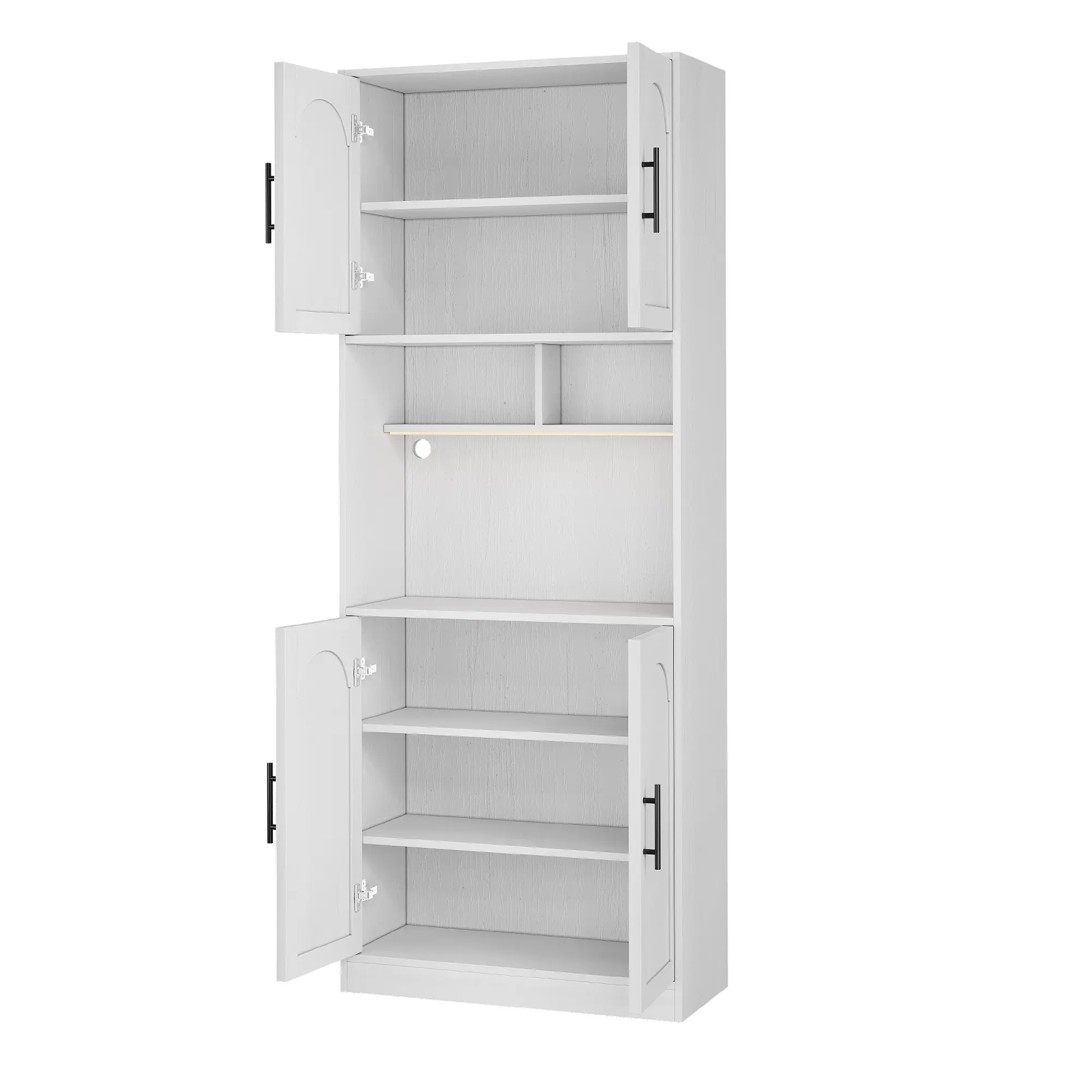 Modern Farmhouse Tall Freestanding Pantry Storage Cabinet with Built-in LED Lights, Kitchen Hutch Featuring Adjustable Inner Shelves & Dedicated Microwave Storage Shelf, Multi-Purpose Tall Cupboard for Kitchen, Dining Room, Bathroom & Living Room Organiza