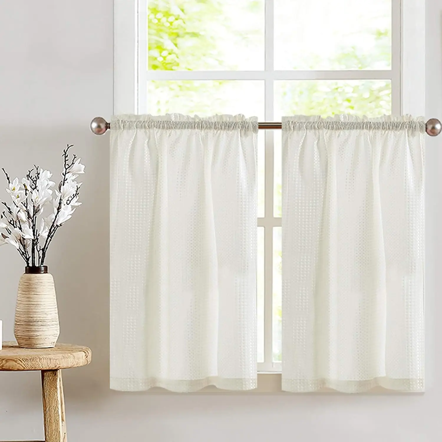 Waffle Textured Kitchen Curtains 36 Inch Wide, Half Window Cafe Drapes, Over Sink, Light Filtering for Bathroom Bedroom Window Rod Pocket 2 Panels, 24 Inch Length, Cream White