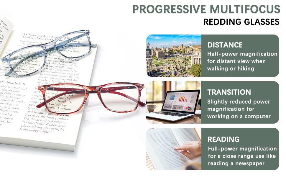 2 Pack Progressive Multifocus Reading Glasses Men and Women Computer Blue Light Blocking Anti Eyestrain Readers (Blue Brown, 1.75)
