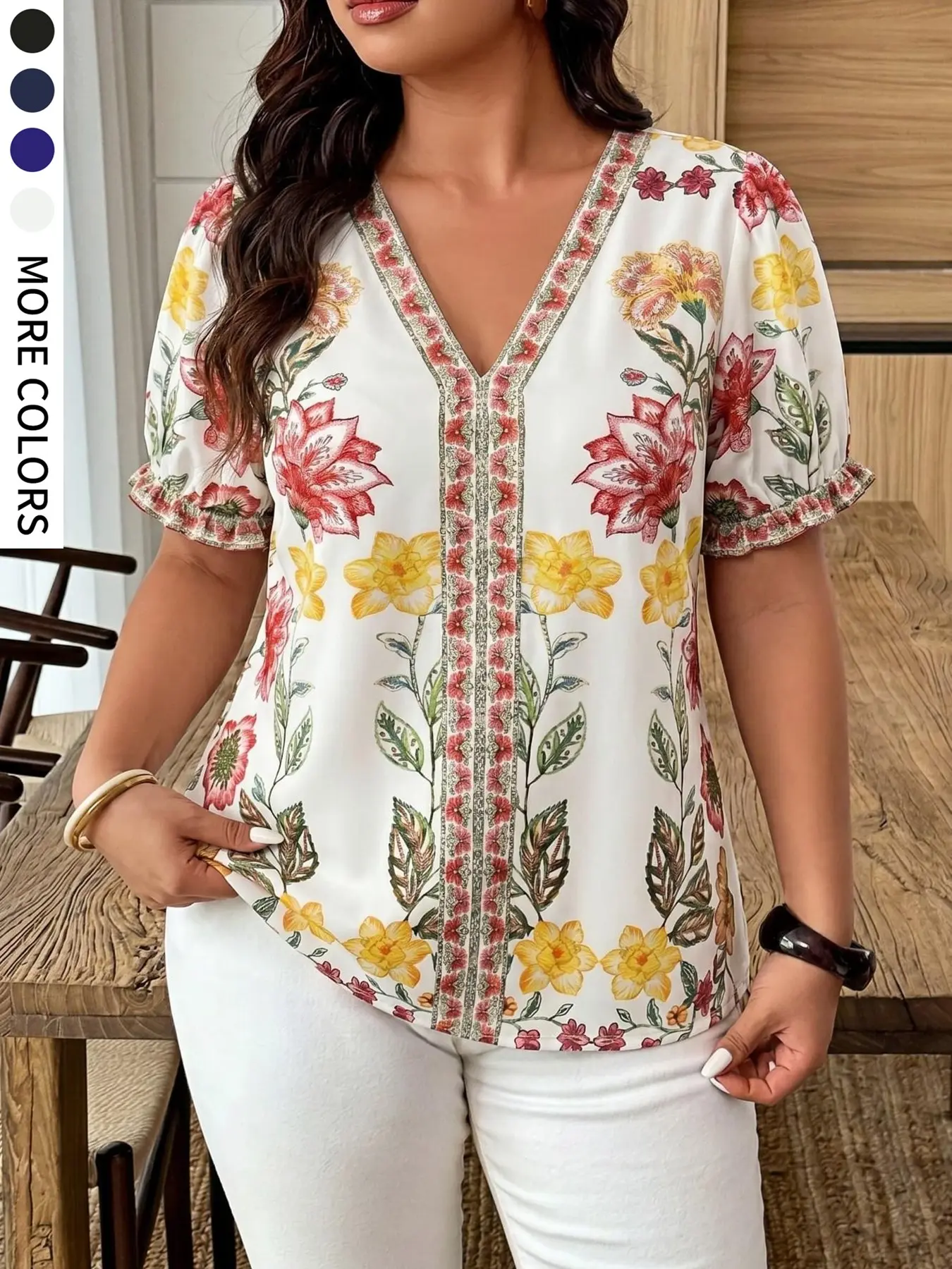 Plus Size Women's V Neck Printed Casual Elegant Shirt, Comfortable Loose Lantern Sleeve Pleated Design, Ideal for Daily Wear and Travel, Garden Party