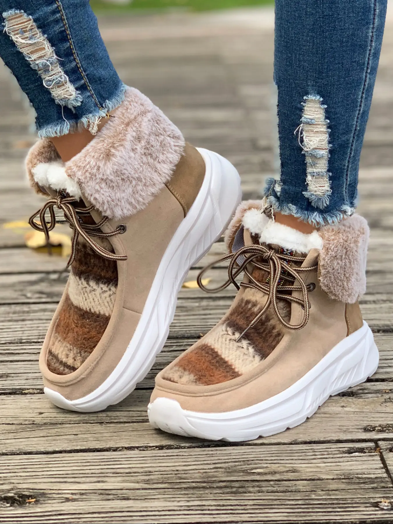 2026 Fall Winter New Patchwork Knit Fur Snow Boots for Women, Thick Sole Height Increase Warm Cotton Boots, Laces Anti-Slip Mid-Calf