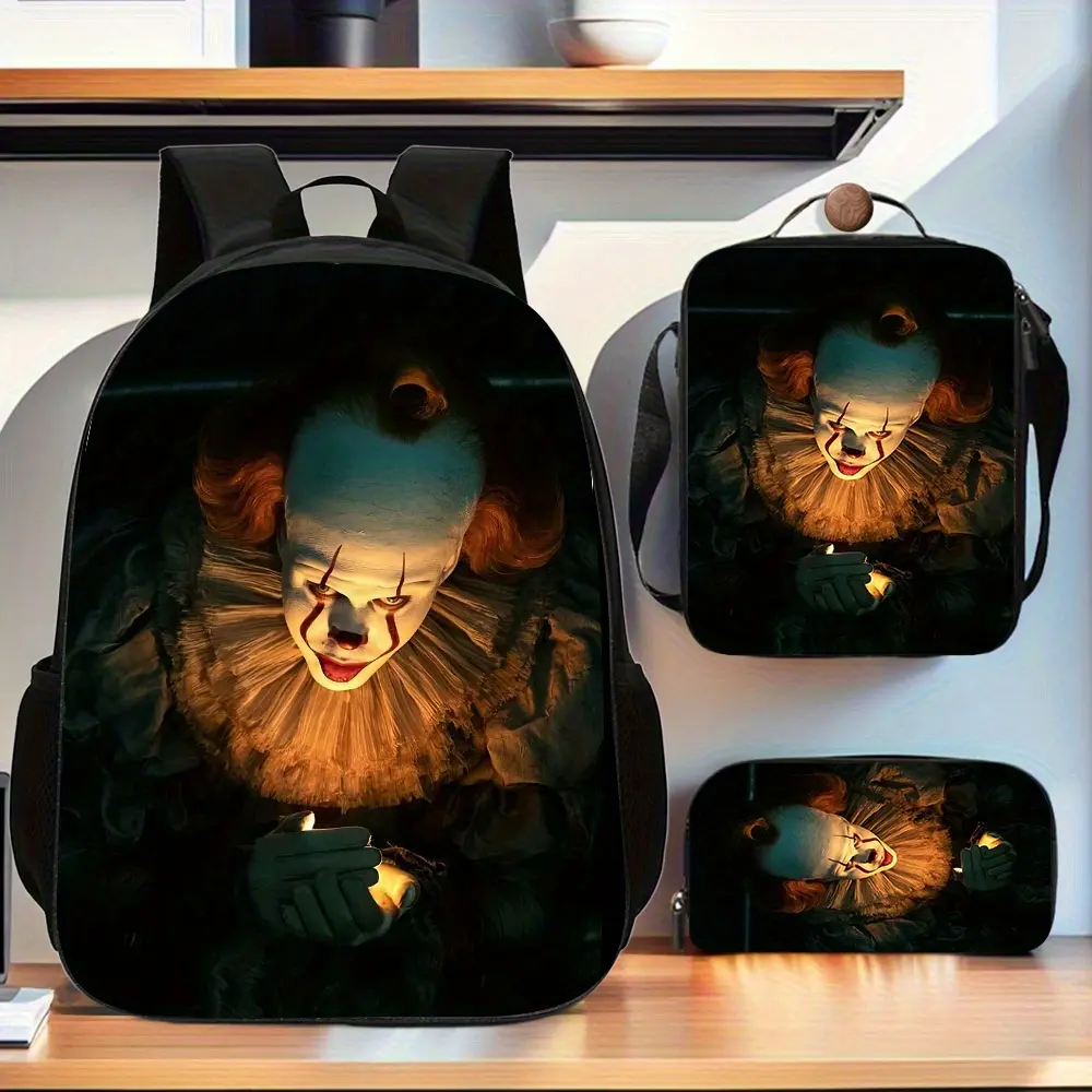3-Piece "Welcome to Delhi" Backpack Set Featuring Pennywise the Clown Face - Large Capacity Backpack, Tote Bag, and Pencil Case. Durable backpack with laptop compartment, adjustable shoulder straps, and zip closure. Suitable for teenagers, adults, movie f
