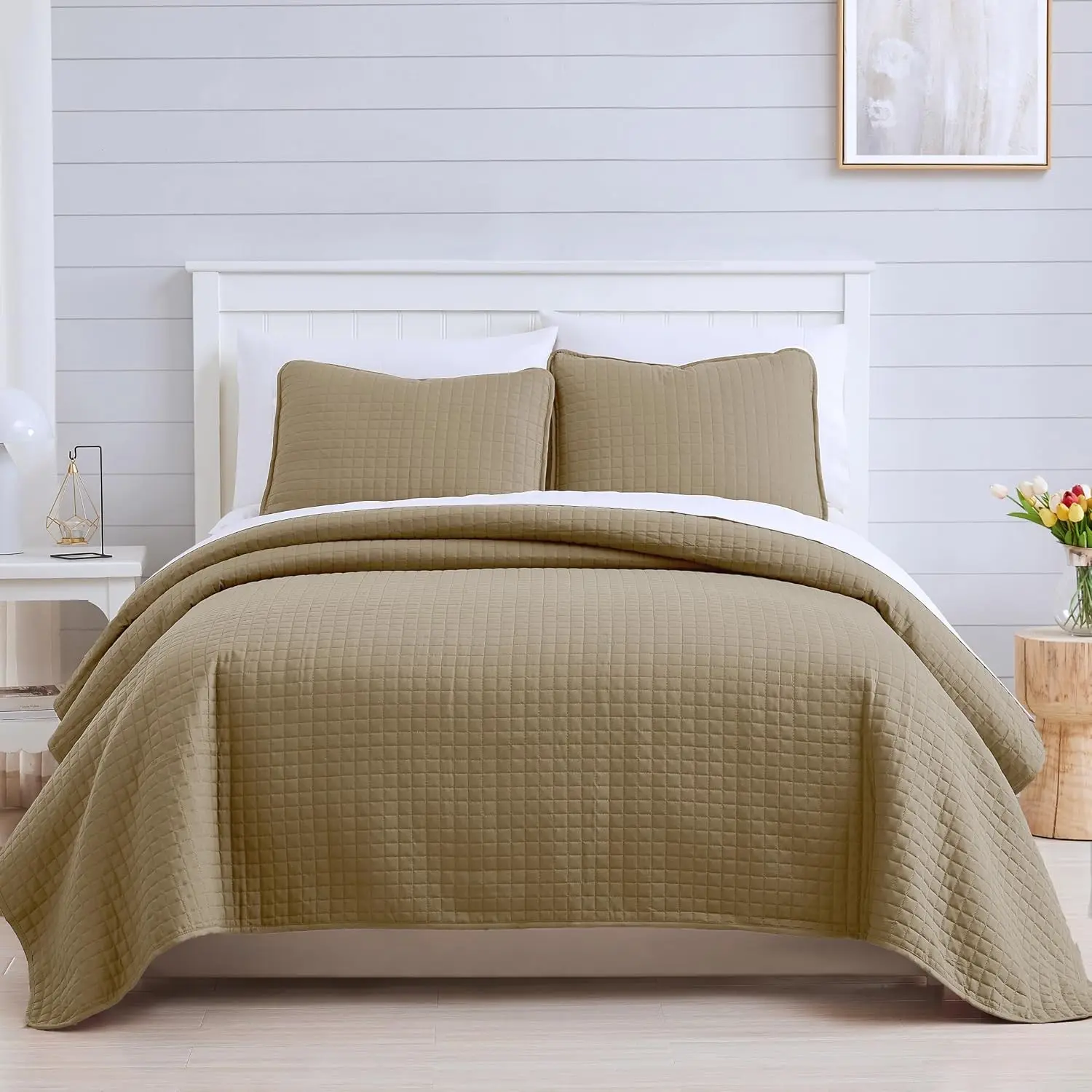 Twin/TXL Soft Brushed Microfiber Quilt Bedding Set with Square Stitch, Wrinkle & Pet Hair Resistant Taupe Coverlet, 1 Pillow Sham