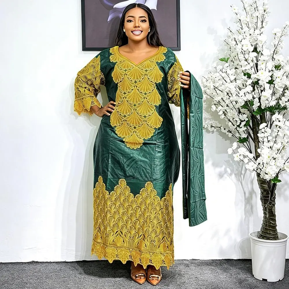 Plus Size African Party Long Dresses for Women 2026 New Luxury Bazin Embroidery Robe Elegant Outfits Muslim Wedding Evening Gown