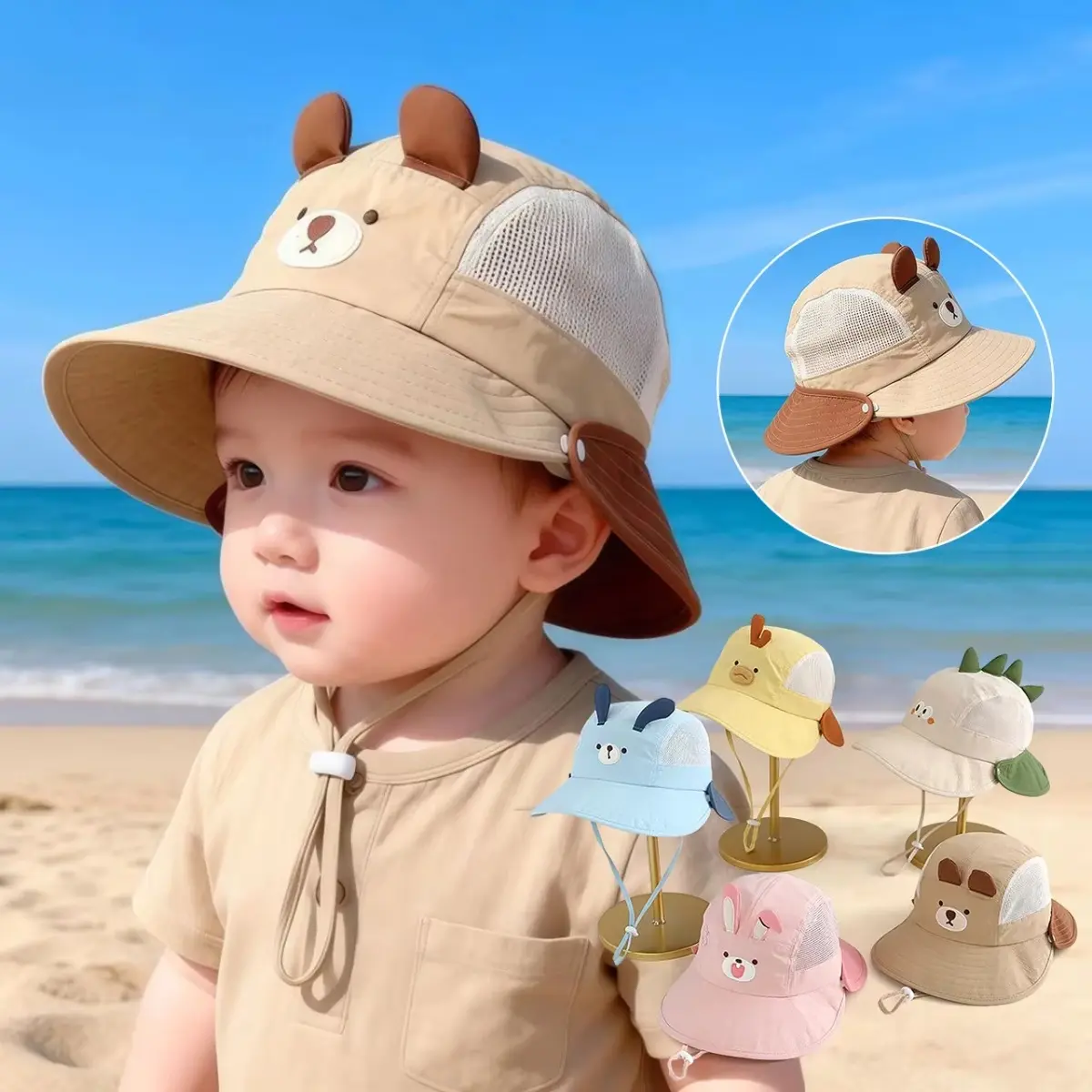 Cute Bear & Bunny Ear Sun Visor Hat – Breathable Mesh Panama Cap for Beach, Travel & Outdoor Summer Wear