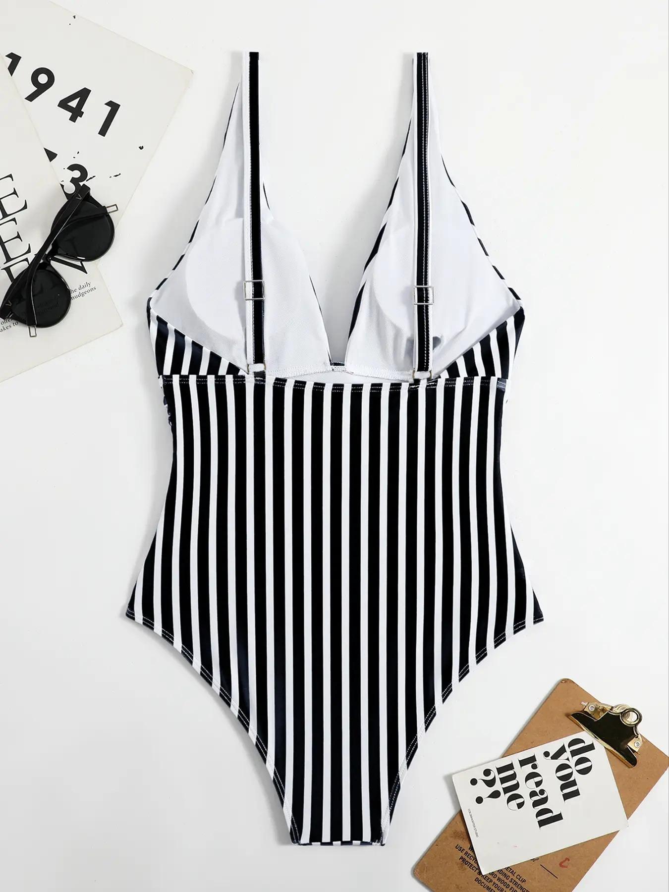 Women's Striped Print V Neck Backless Swimsuit, Summer Outfits 2024, Casual Adjustable Strap Swimwear for Summer, Ladies Swimsuit for Beach Holiday Vacation, Adjustable Straps Swimsuit