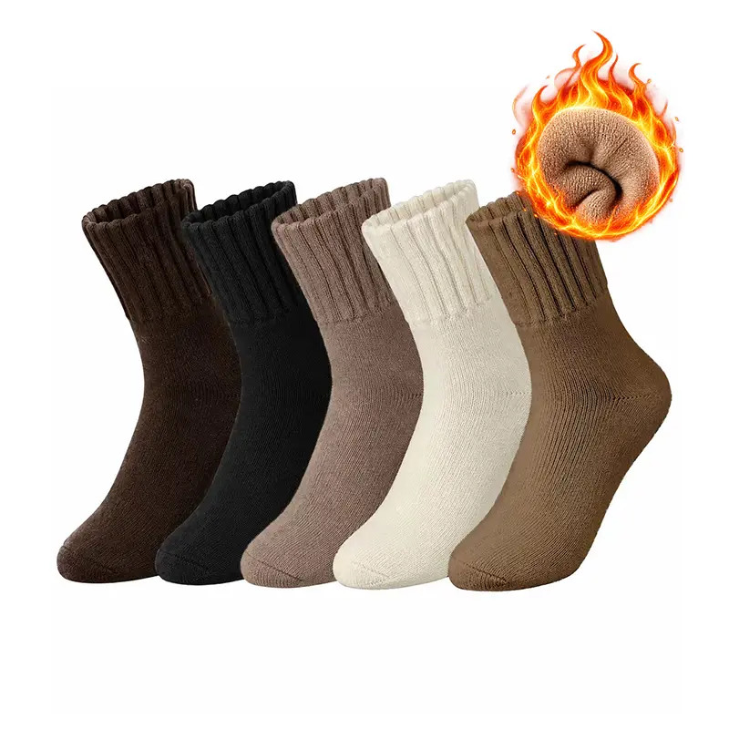 5 Pairs Women's Fall Winter Thick Terry‑Lined Mid-Calf Socks, Soft, Comfy, Warm, Basic, Simple Fit For Everyday Wear, Casual Solid Color Ribbed Cuff Cozy Socks Daily Outdoor Boot Accessories