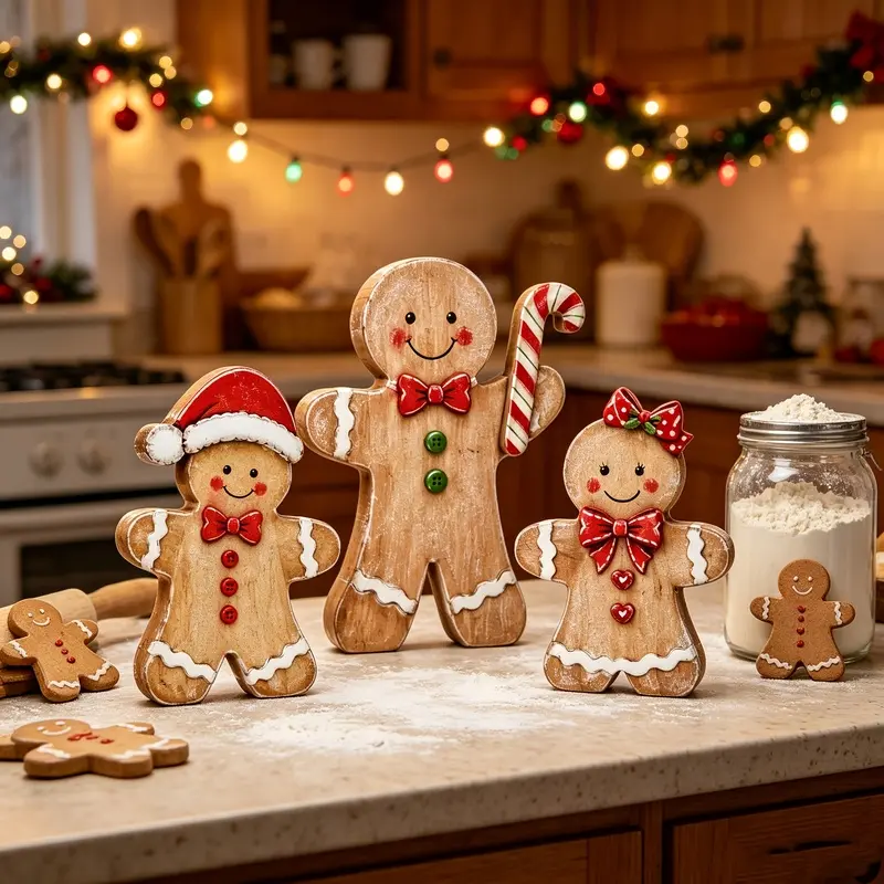 3-Piece Wooden Gingerbread Man Desktop Decor, Standing Gingerbread Family Sign, Farmhouse-Style Rustic Christmas Tiered Tray Kitchen Mantel Desktop Decoration