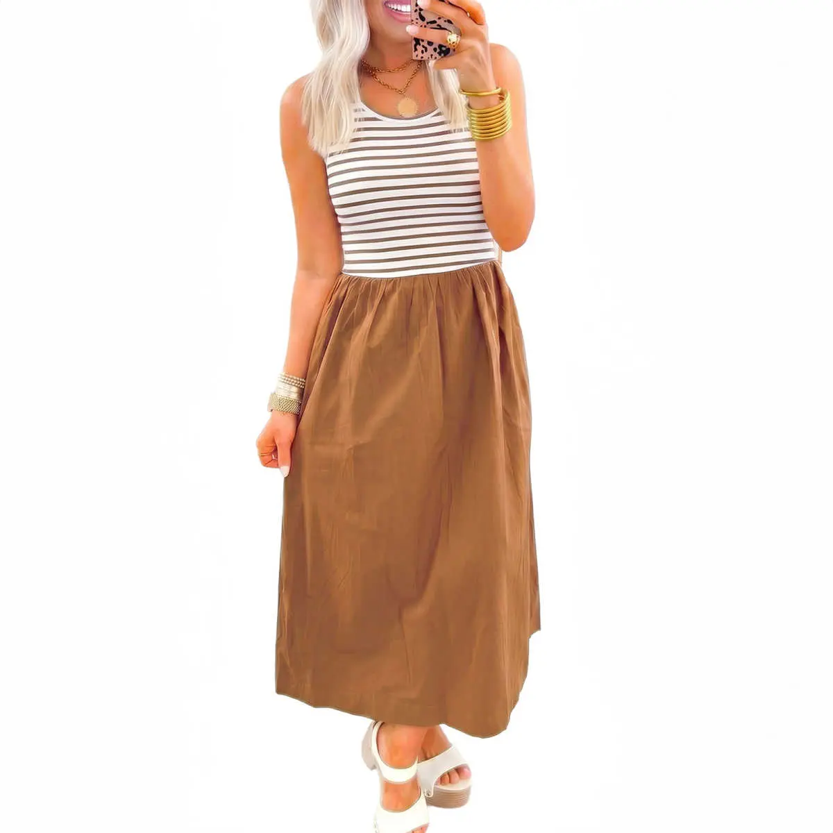 Chestnut Striped Colorblock Patchwork Sleeveless Casual Long Dress