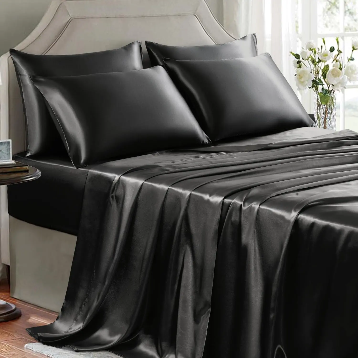 Sheets Full Size - 6 Pieces Luxury Soft Bed Sheets, Wrinkle-Free Black Silk Sheet Set with 1 Deep Fitted Sheet, 1 Flat Sheet, 4 Pillow