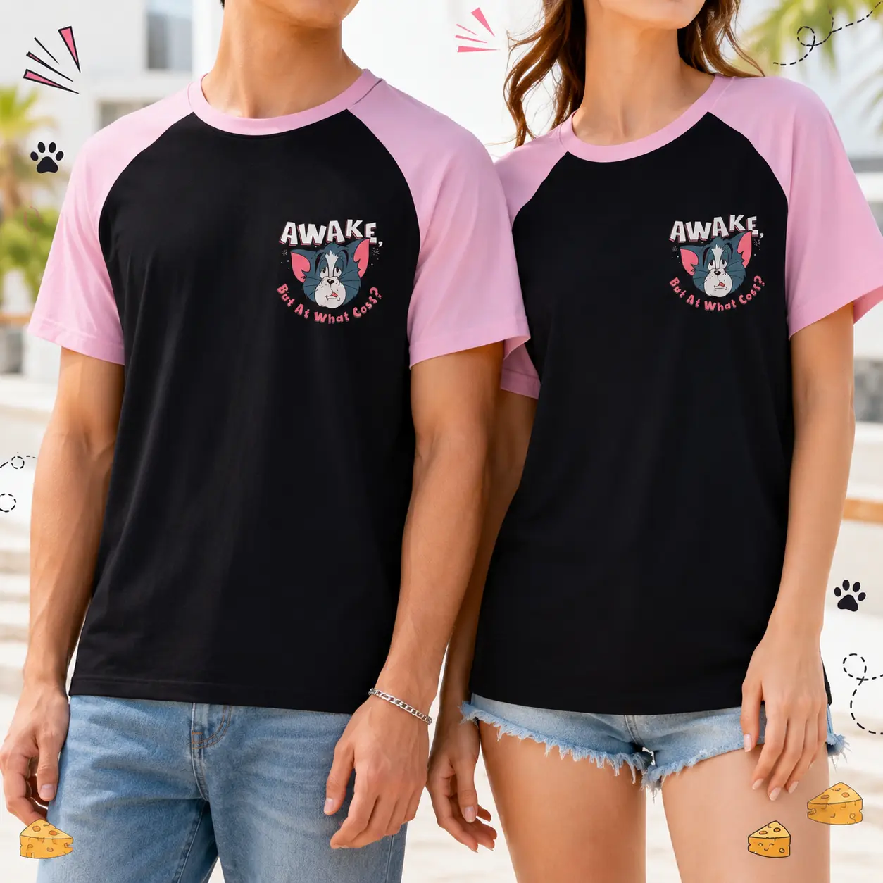 Tom and Jerry Graphic Raglan T-Shirt, Pink Black Short Sleeve Crewneck, Front Back Cartoon Print Retro Baseball Tee, Casual Streetwear Top for Women and Men