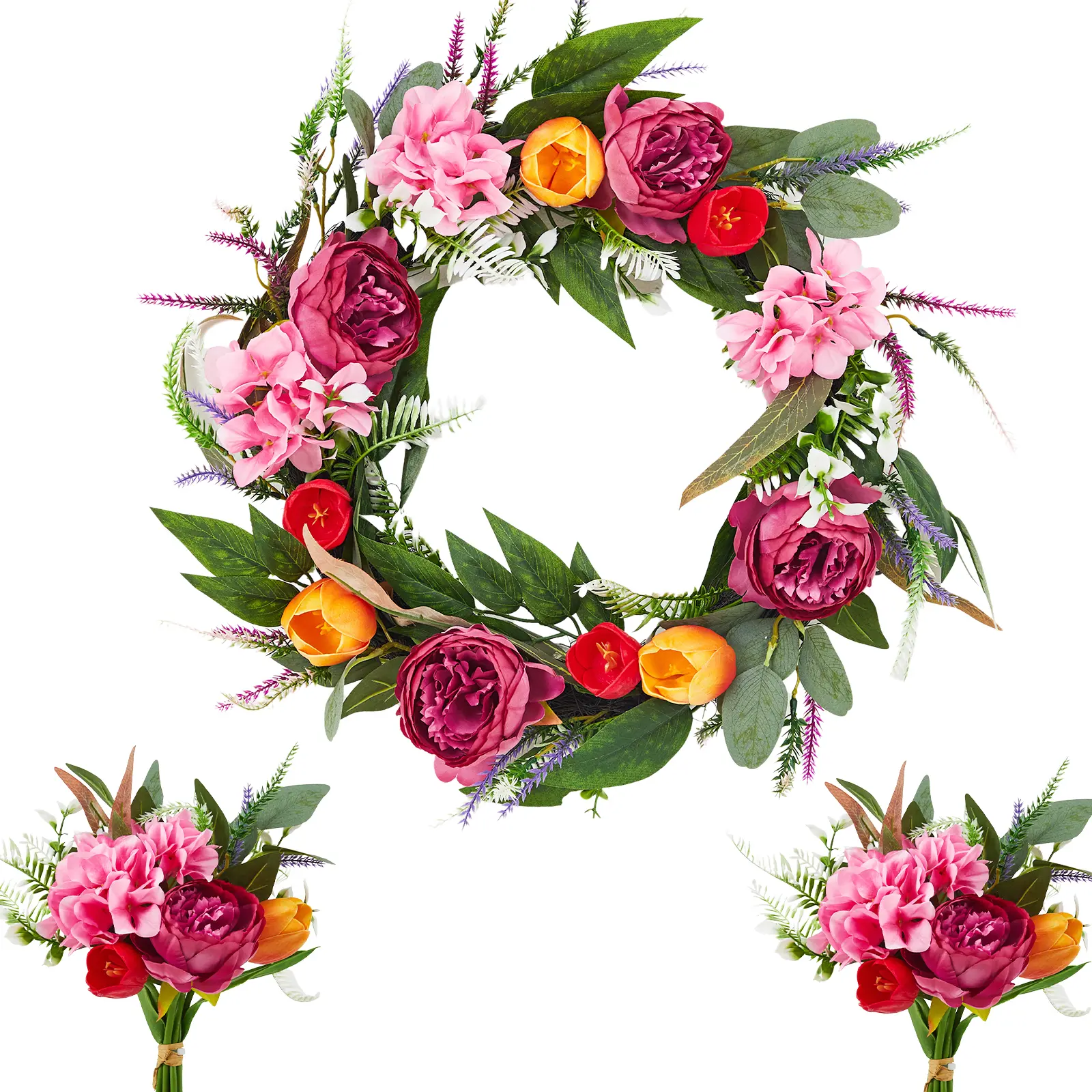 Realistic Peony, Tulip & Hydrangea Spring Wreath Set – Artificial Floral Door Decor with 2 Matching Bouquets