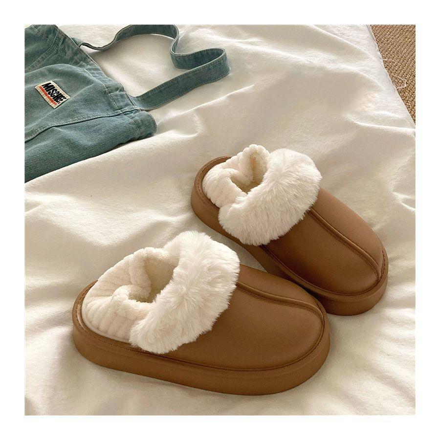 Crestar Winter Women Fuzzy Slippers New Outdoor Waterproof Cotton Shoes Warm Fluffy Home Slides Detachable Plush Cotton Slippers