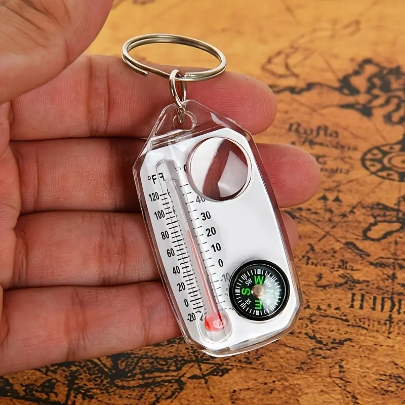Portable Outdoor Compass with Magnifier, Foldable Design with Carabiner, Boating Accessory, Dual Fahrenheit/celsius Scale, Durable Acrylic, Lightweight, Battery-Free