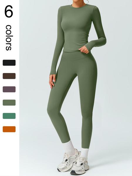 Women's Solid Color Long Sleeve Tee & High Waist Leggings Workout Set, Sporty Comfy Breathable Outfits for Gym Running, Workout Running Clothes, Ladies Fall & Winter Sportswear
