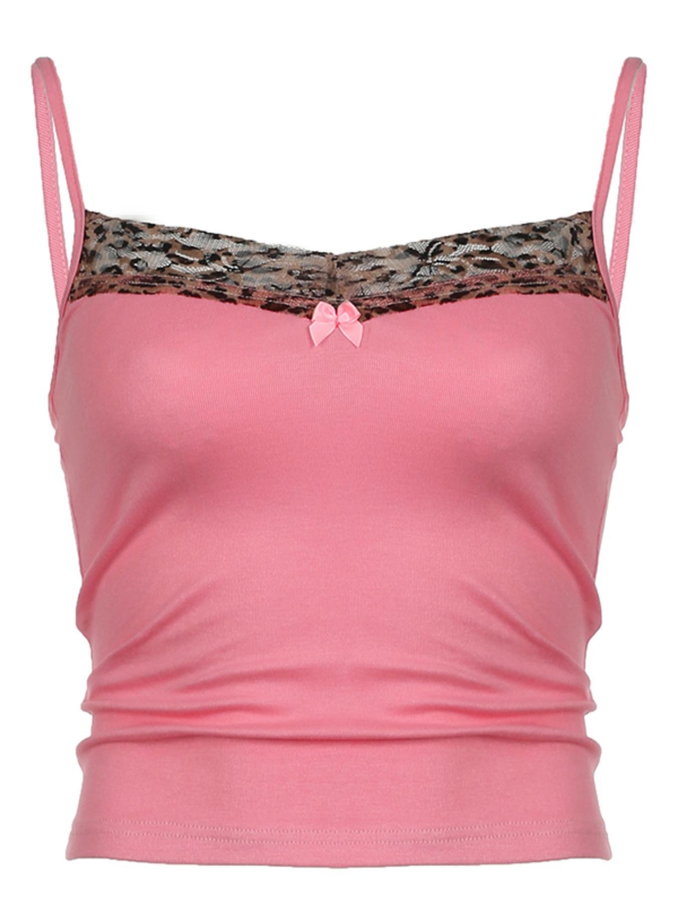 Women's Leopard Print Bow Decor Contrast Mesh Cami Top, Casual Spaghetti Strap Top for Summer, Ladies Clothes for Daily Wear, Casual Comfy Cami