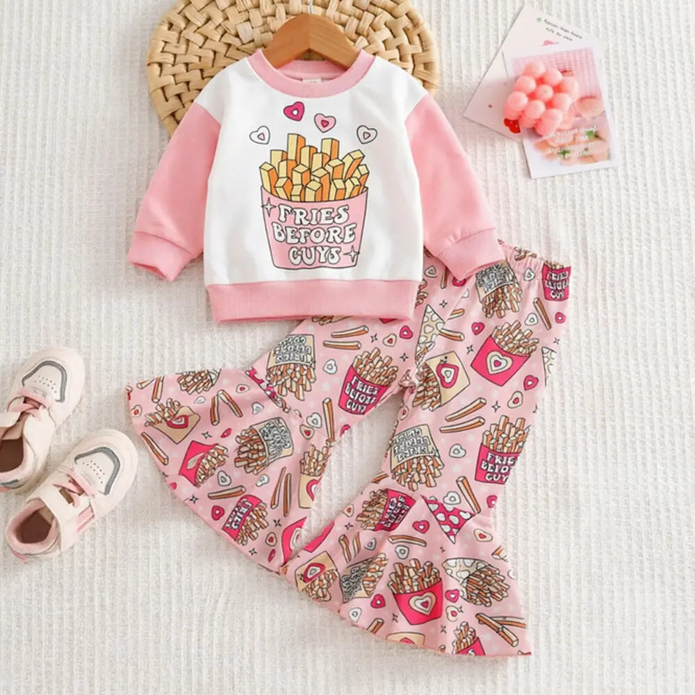 Girls' 2-Piece Polyester Sport Casual Outfits - Crew Neck Long Sleeve Graphic Letter Sweatshirt & Flared Leggings Jogger Pants Set for Kids