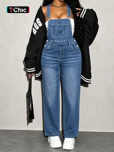 Women's Blue Denim Overall Pants, Casual Loose Fit Long Pants, Spring Summer Fashion, Unlined Plain Surface, All Seasons Wear