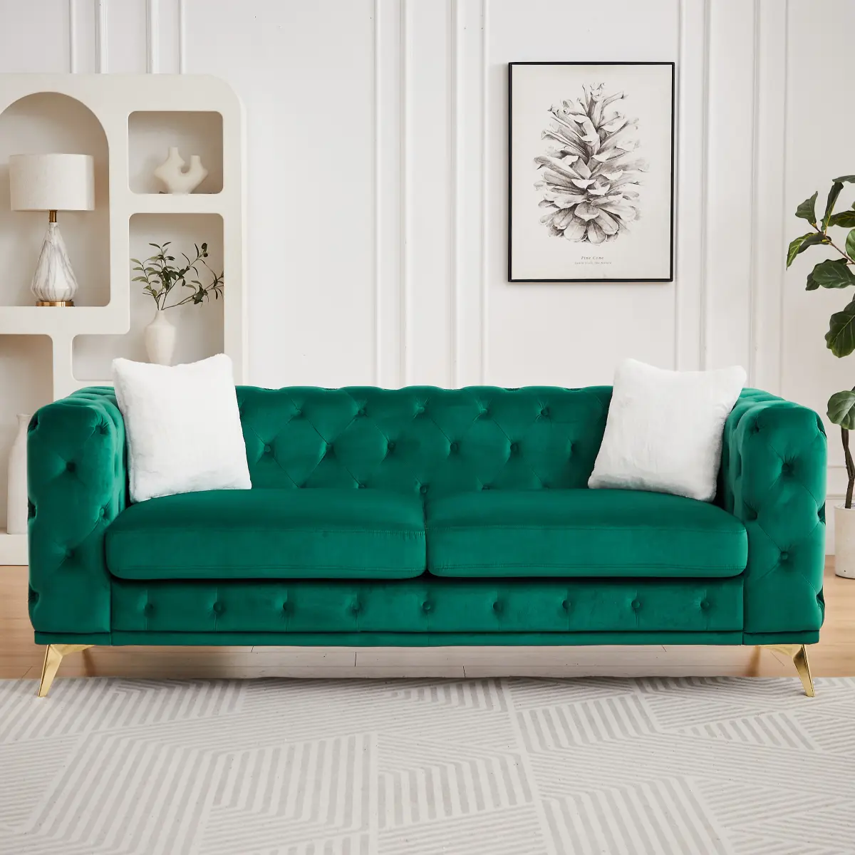 Aobtkel 82.5-in Green Velvet 6-Seat Chesterfield Sofa, Durable Classic Modern Indoor Furniture with Tufted Detailing, Diamond Stitch, 2 Color-Blocked Pillows, Metal Legs, Foam Cushioning, 750 lbs Capacity, Assembly Required