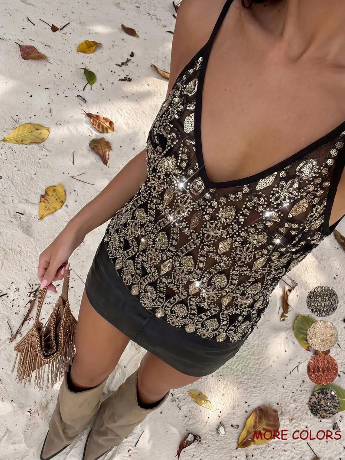 Women's Transparent Mesh Deep V-Neck Backless Short Streetwear Top with Sequin Patchwork, Chic Street Style for Parties and Casual Wear