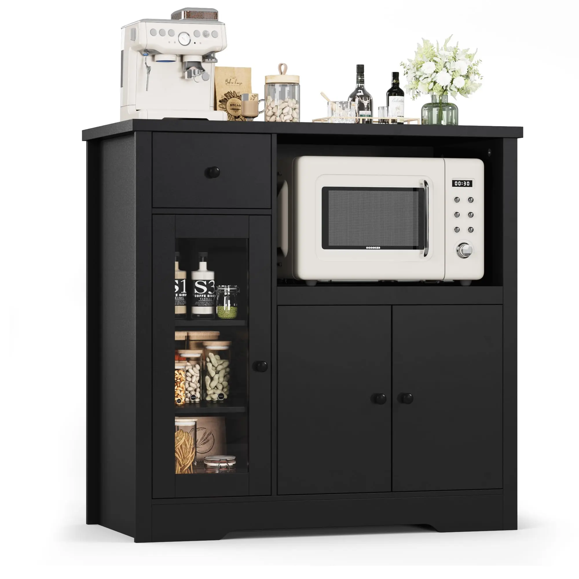 Garvee - Kitchen Cabinet for Microwave with Storage and Drawers, Modern and Small Buffet Cabinet with Glass Doors and Adjustable Shelf, Wooden Sideboard with Wide Top