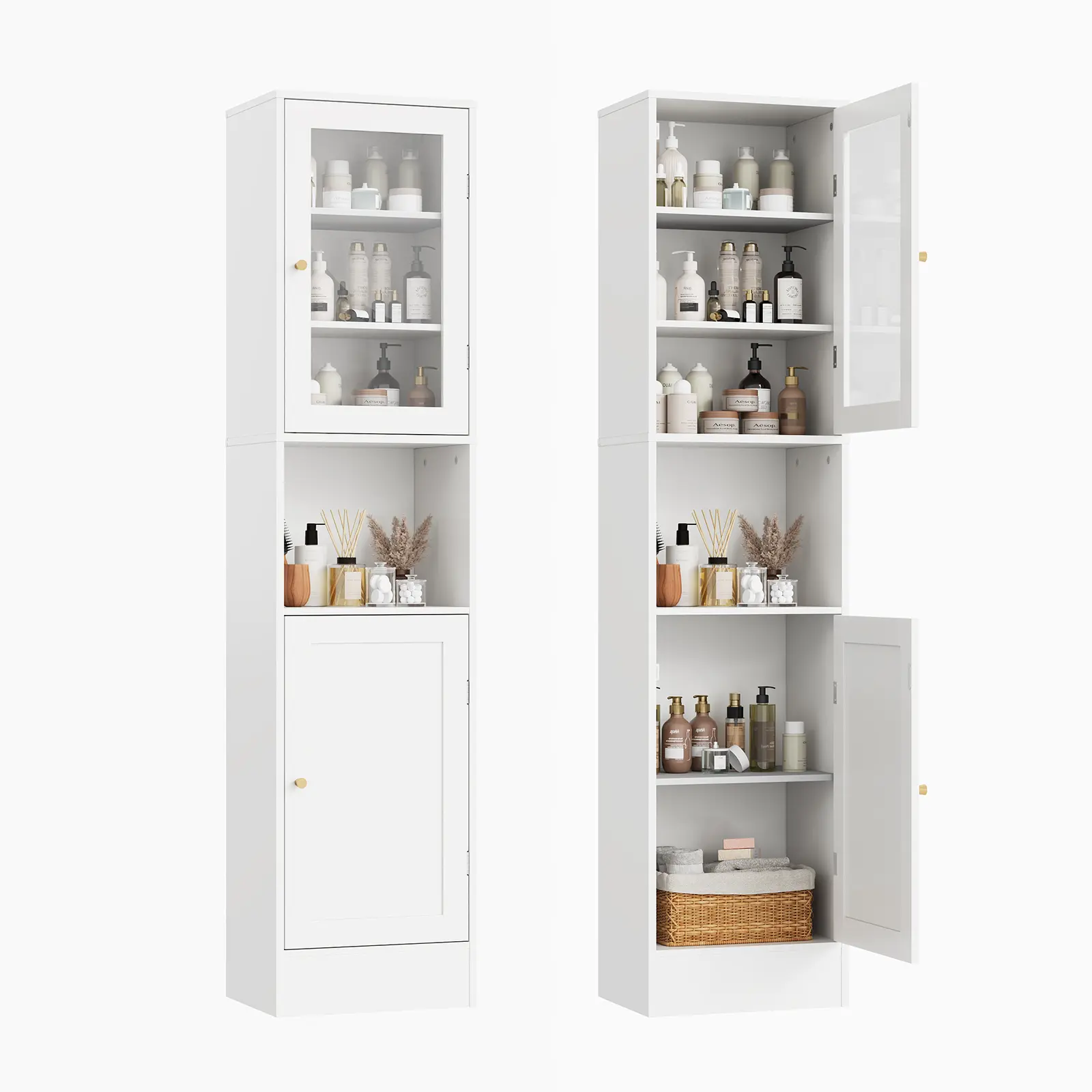 Tall Slim Bathroom Storage Cabinet with Glass Doors – Freestanding Linen Closet – Space-Saving Organizer for Kitchen, Living Room, Dining Room –