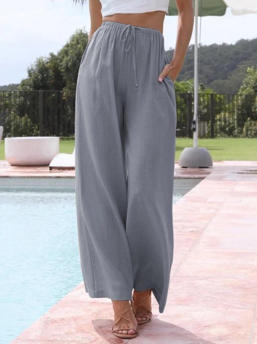 Women's Linen Loose Casual Pants with Pockets and Drawstring, Wide-Leg Trousers for Beach Vacation, Loose Fit, Plus Size, Comfortable