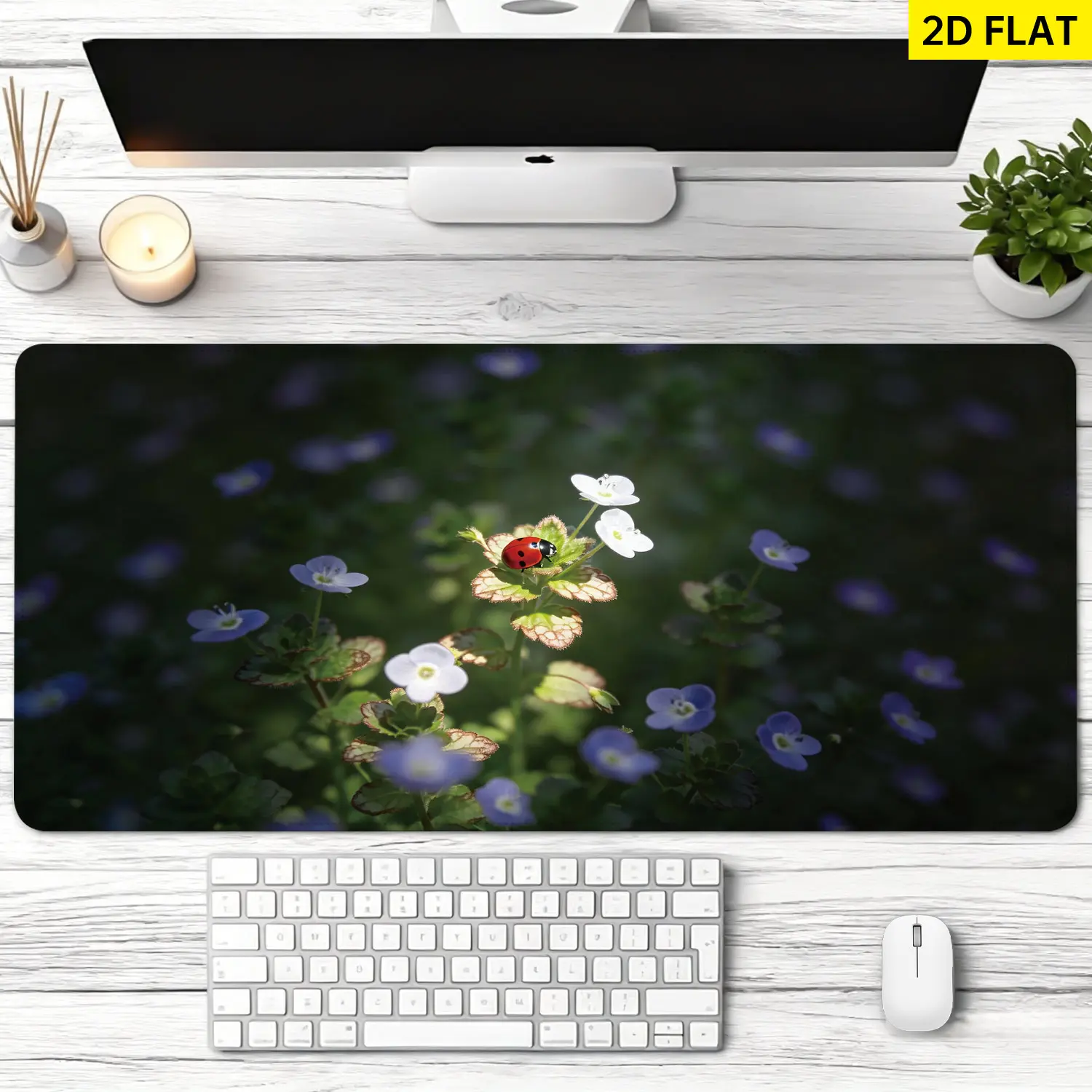 Macro Print Nature Theme Extra Large Ladybug & Spring Flower Mouse Pad, Non-Slip Rubber Base, Multi-Size, Lock Edge, Washable, Premium Multipurpose Desk Protection Pad for Office, Home, Gaming Users, Gift Option