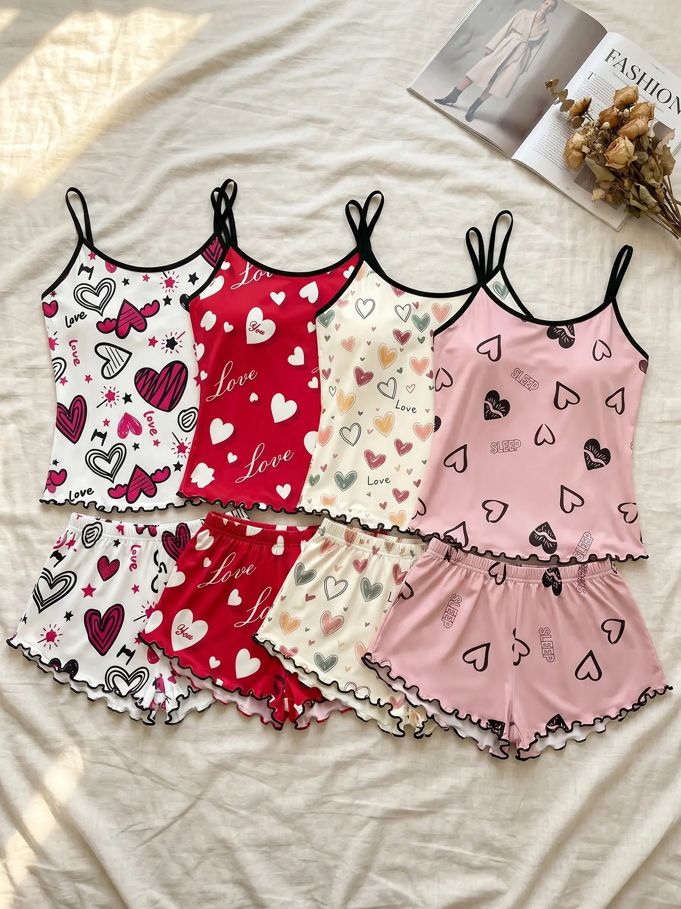 Women 4‑Pack Cami Top And Shorts Pajama Set, Wearable For All Seasons, French‑style hand‑drawn heart prints, delicate ruffle shorts, soft romantic loungewear for remote chores and quiet post‑bath downtime