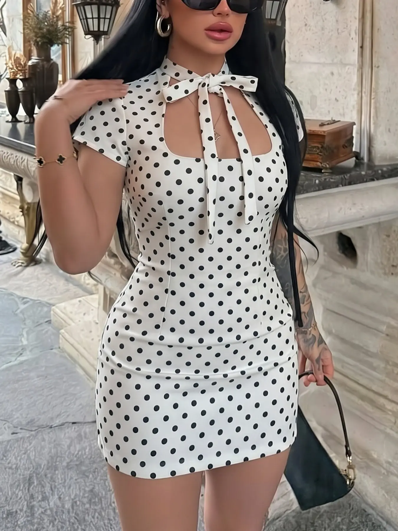 White Polka Dot Bow Tie Neck Mini Dress Women Keyhole Cut Out Short Sleeve Bodycon Slim Fit Vintage Y2K Aesthetic Party Going Out Dress Elegant Chic French Style Fashion