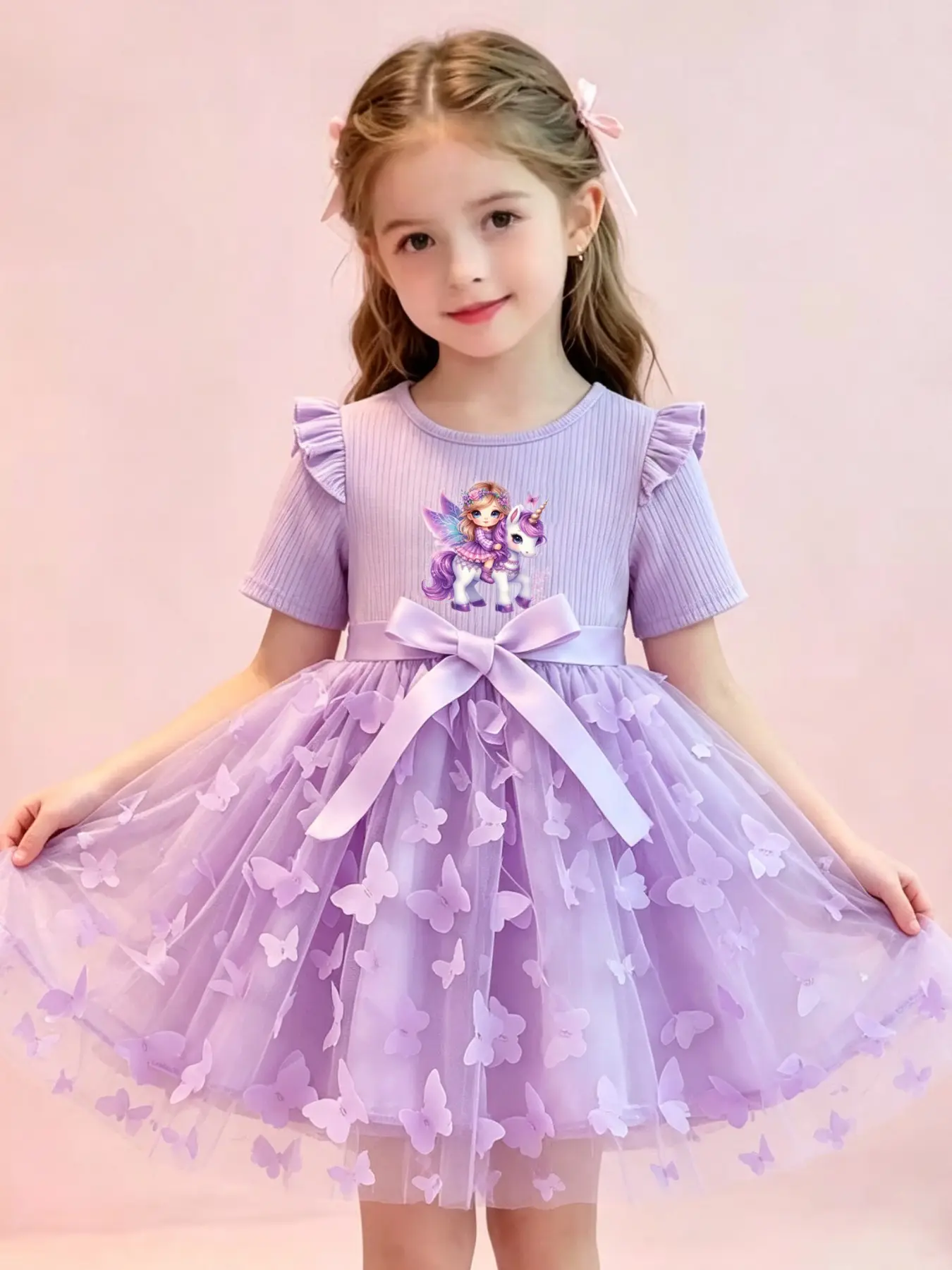 Girls' Unicorn Dress, Dreamy Fairy Tale Dress, Sweet Cute Princess Dress, Short Sleeve Princess Style Dress for Kids, Little Girl Dress