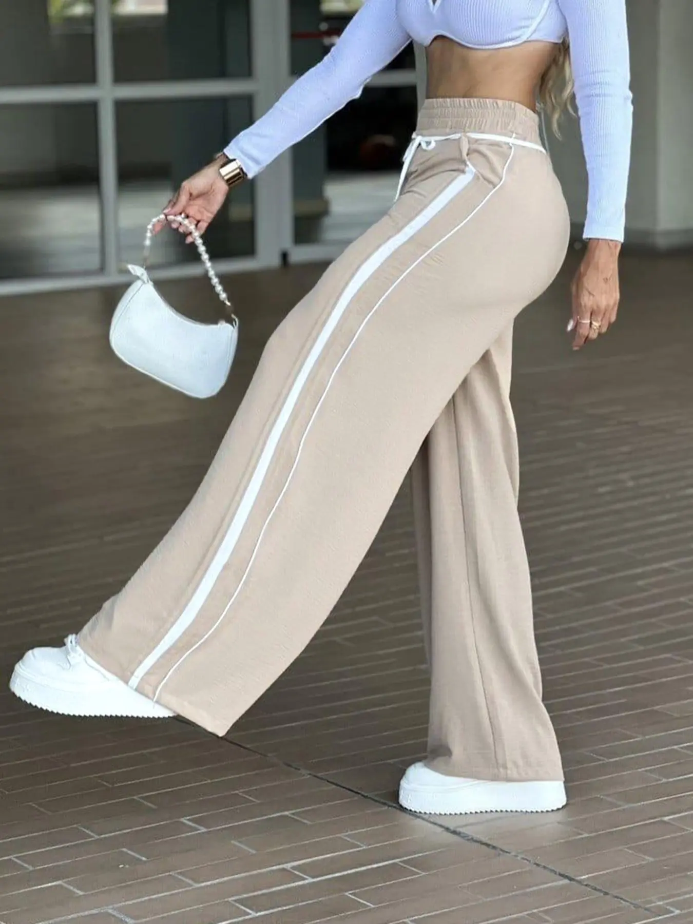 Striped Colorblock Elastic Wide Leg Pants for Women, New Loose Fit Flowy Style, Tall Look for Petite, Daily Wear Straight Leg Casual Long Pants