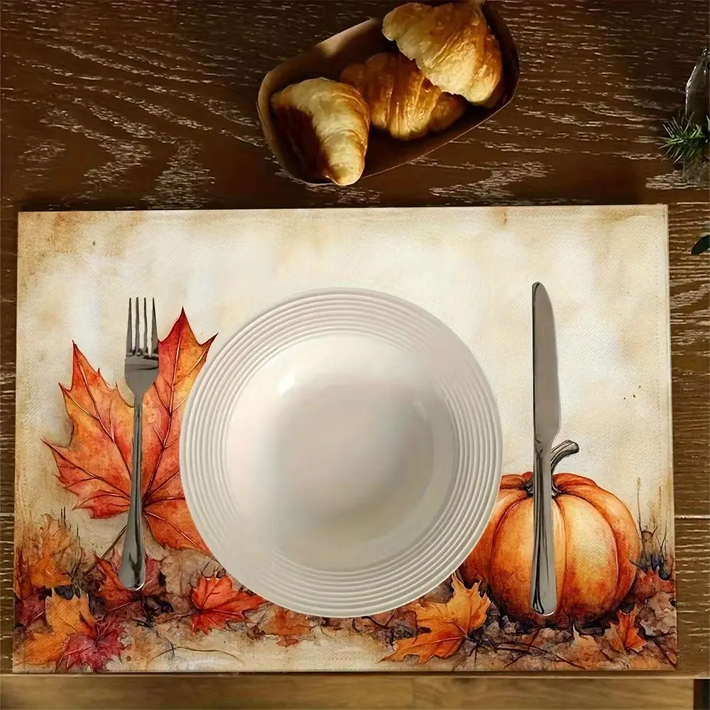 Vikama 4/6/8/10pcs Autumn Pumpkin Maple Linen Placemats, Thanksgiving Heat Resistant Mats, Home Anti-Scald Table Mats